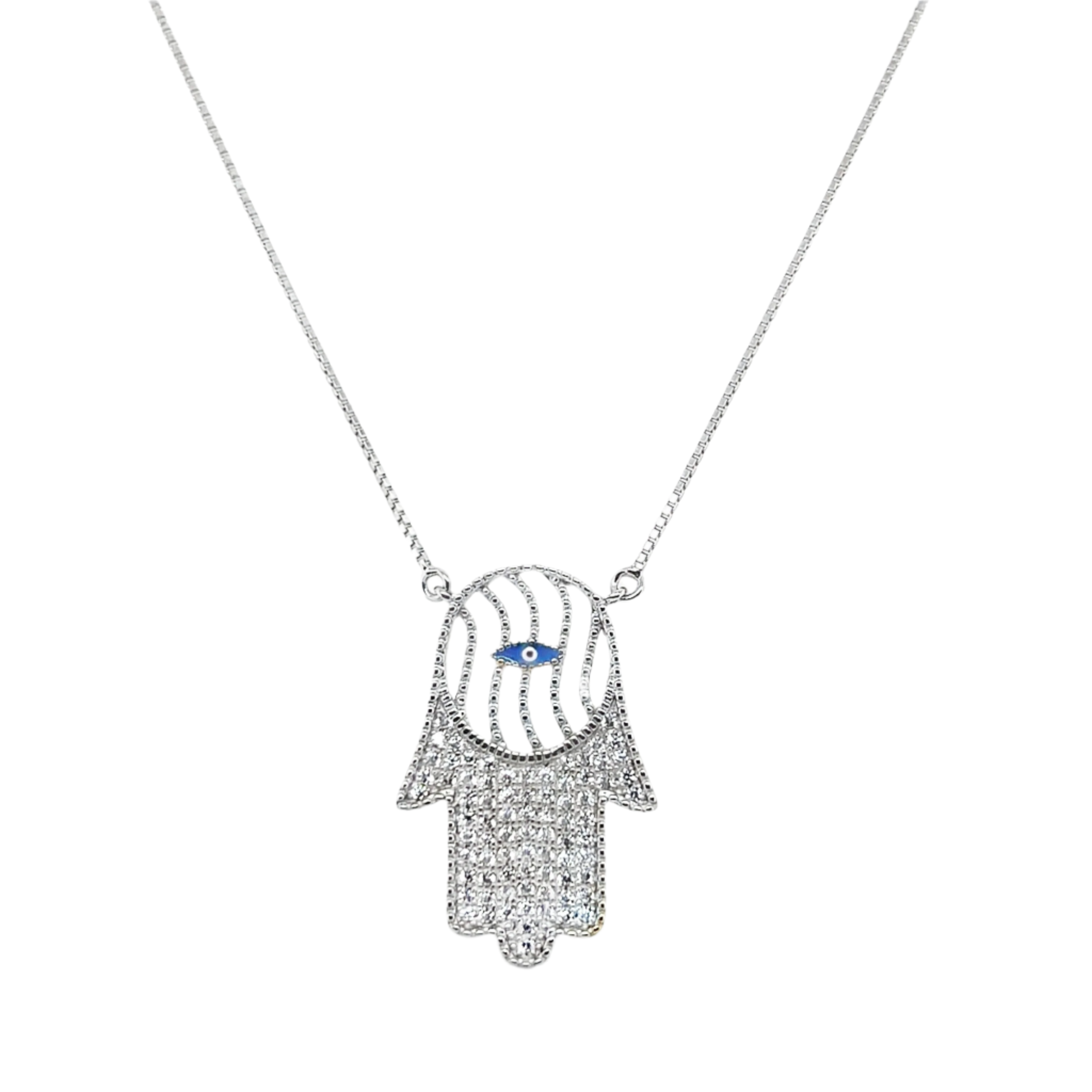 Sterling Silver CZ Hamsa Hand Blue Evil Eye Necklace