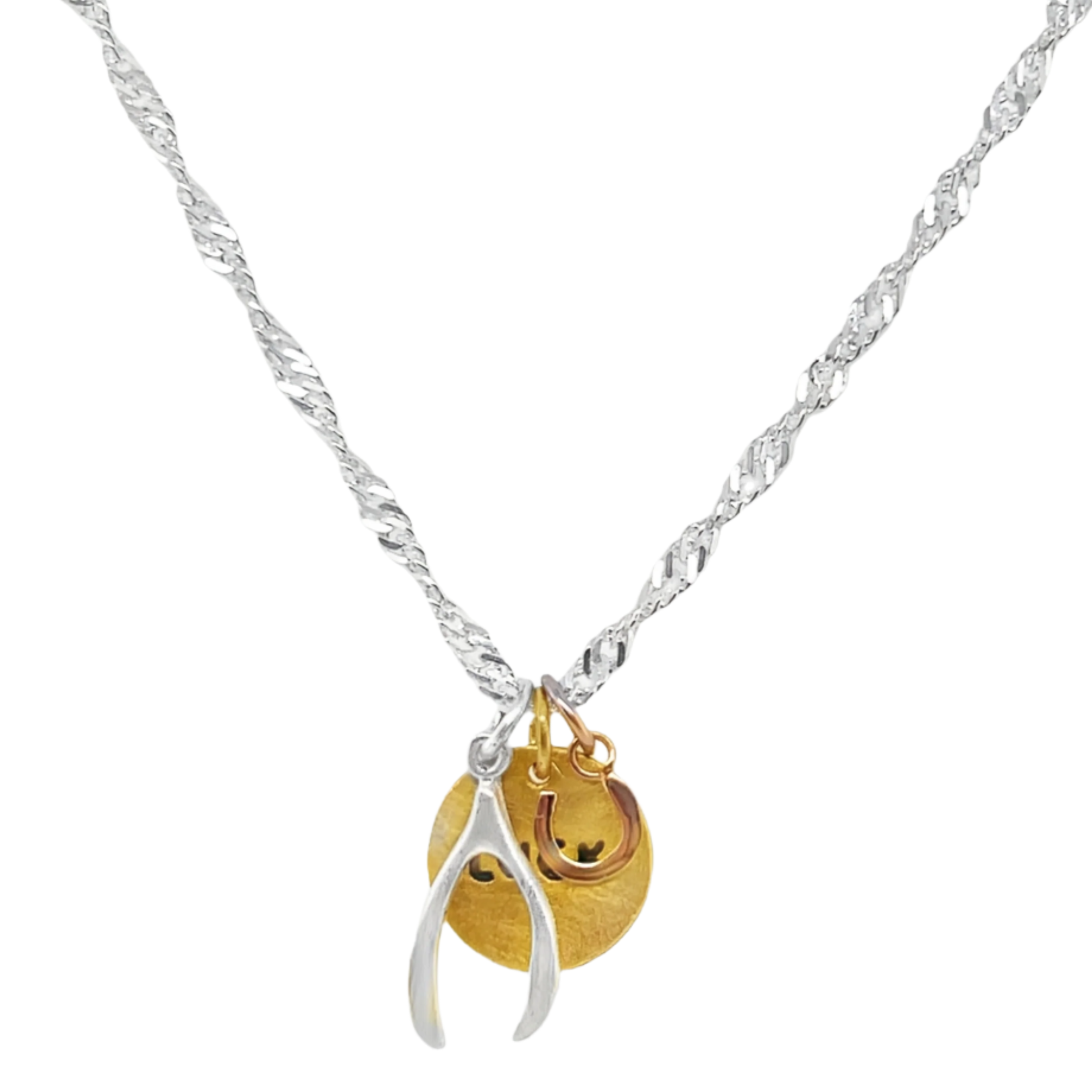 Sterling Silver Luck, Wishbone, & Horseshoe Multi-Color 3 Piece Pendant Set ( Chain Not Included )