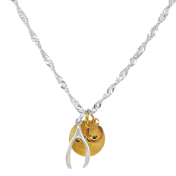 Sterling Silver Luck, Wishbone, & Horseshoe Multi-Color 3 Piece Pendant Set ( Chain Not Included )