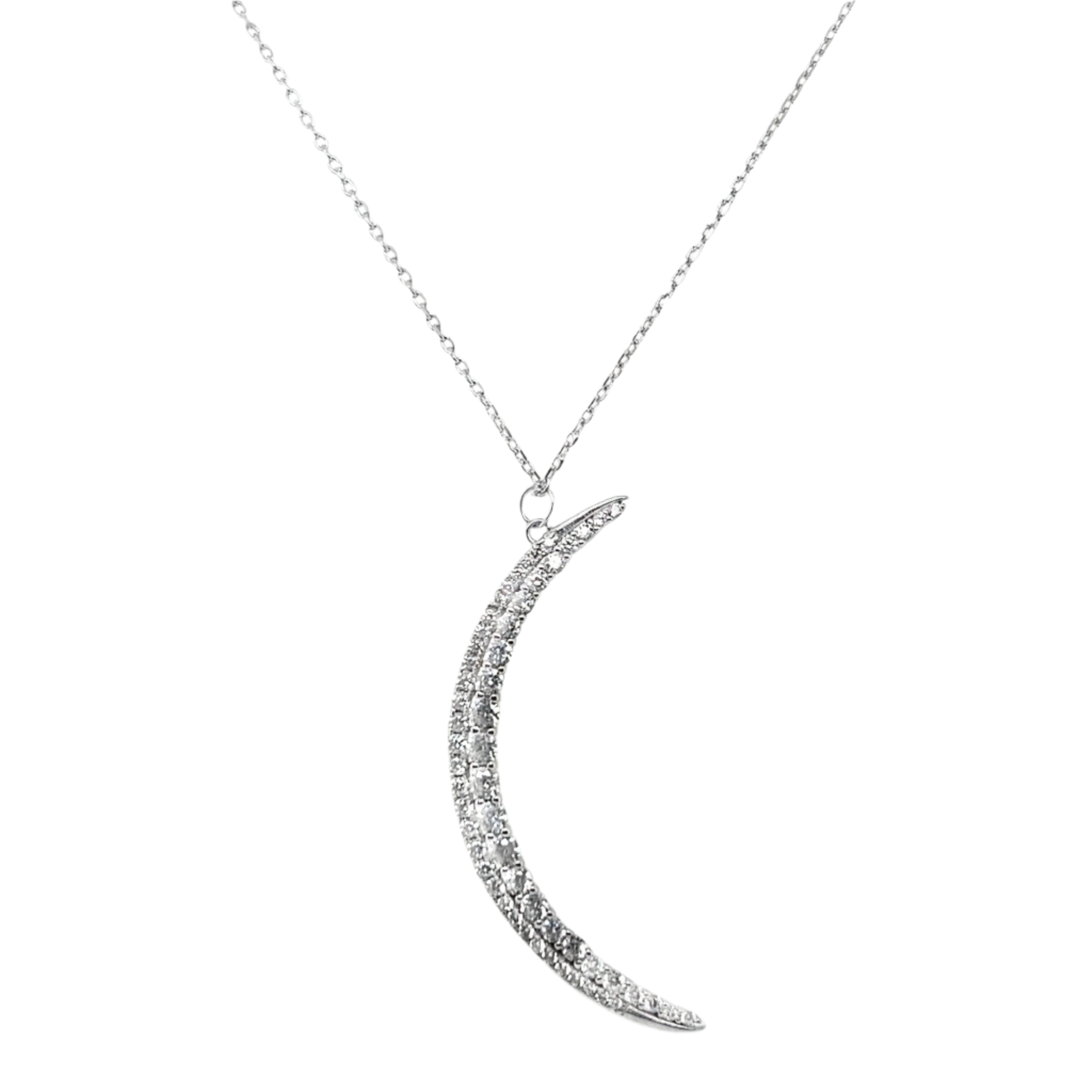 Sterling Silver Large CZ Crescent Moon Necklace