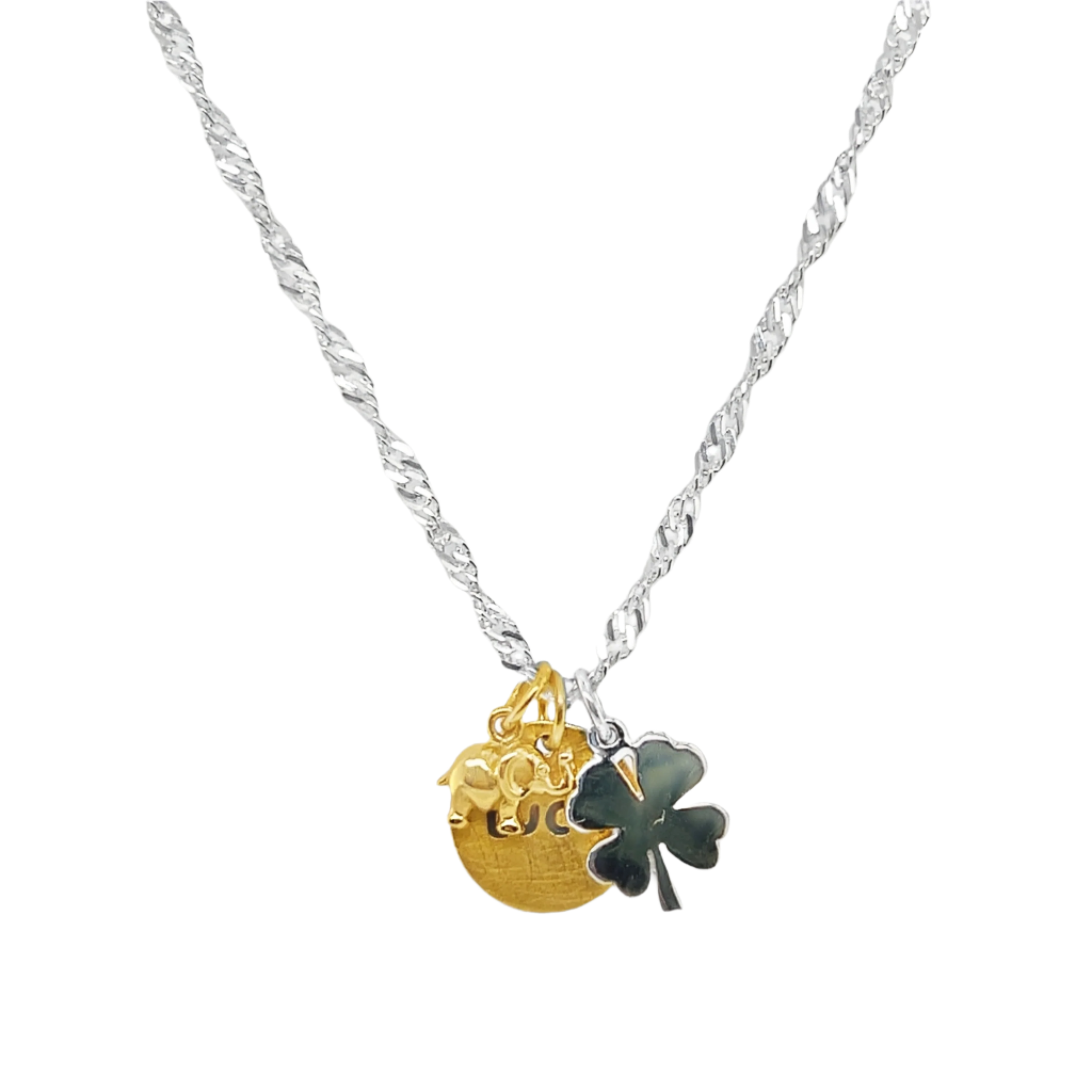 Sterling Silver Gold Plated Luck, Clover, Elephant 3 Piece Pendant Set ( Chain Not Included )