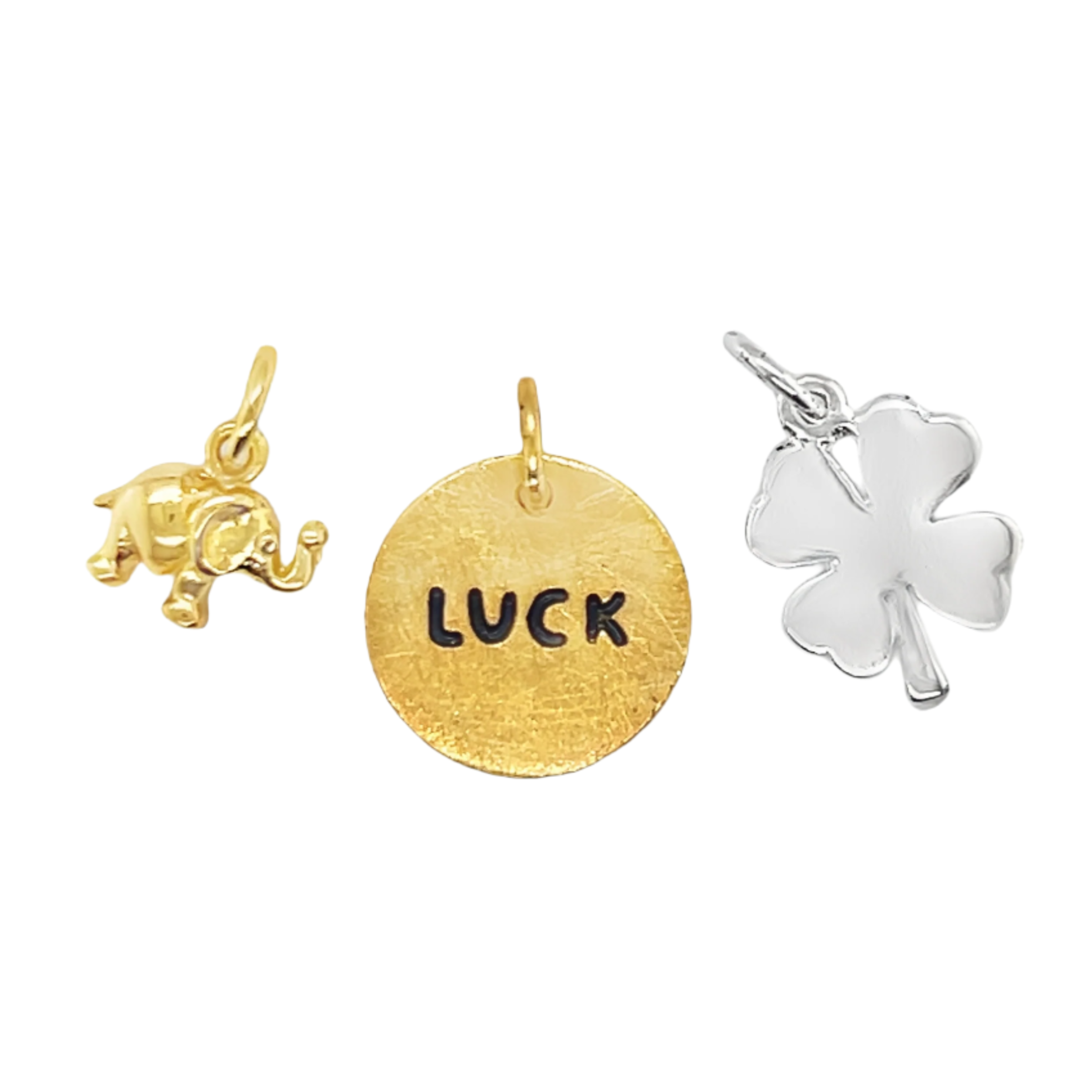 Sterling Silver Gold Plated Luck, Clover, Elephant 3 Piece Pendant Set ( Chain Not Included )