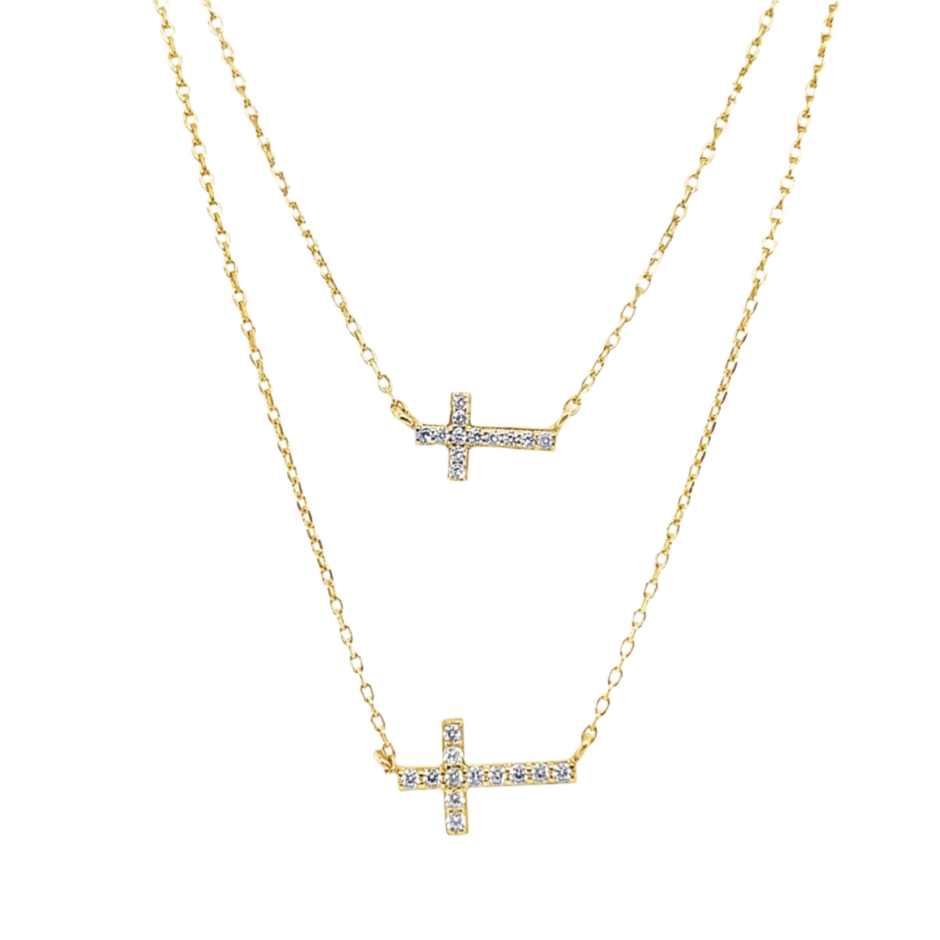 Sterling Silver Gold Plated Layered CZ Cross Necklace