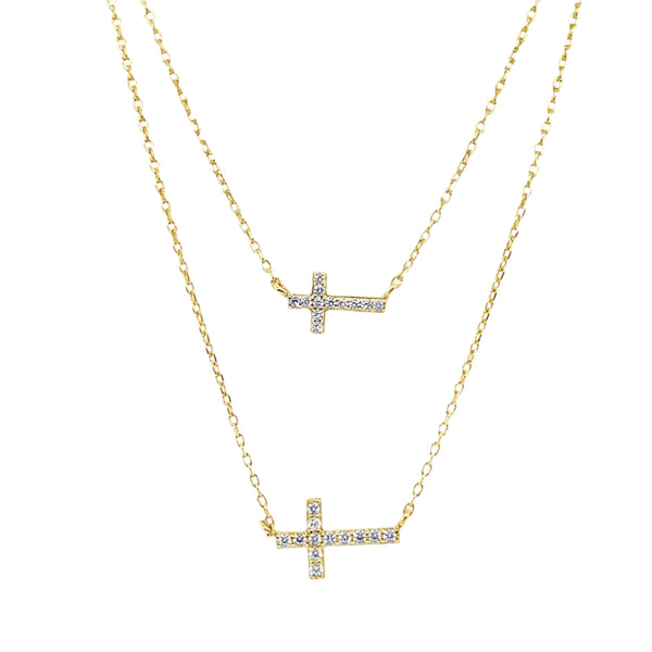Sterling Silver Gold Plated Layered CZ Cross Necklace