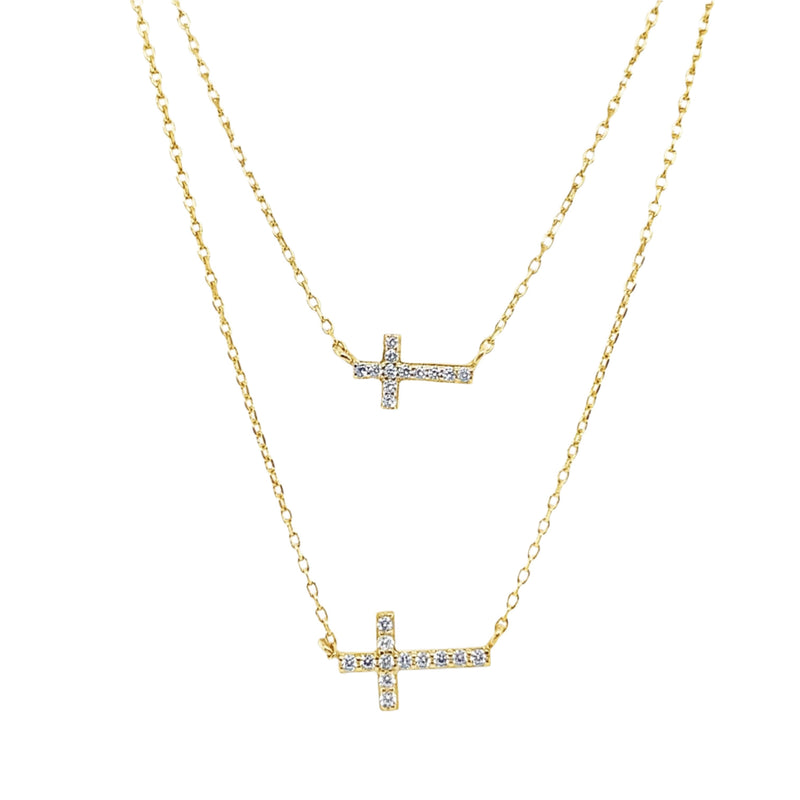 Sterling Silver Gold Plated Layered CZ Cross Necklace