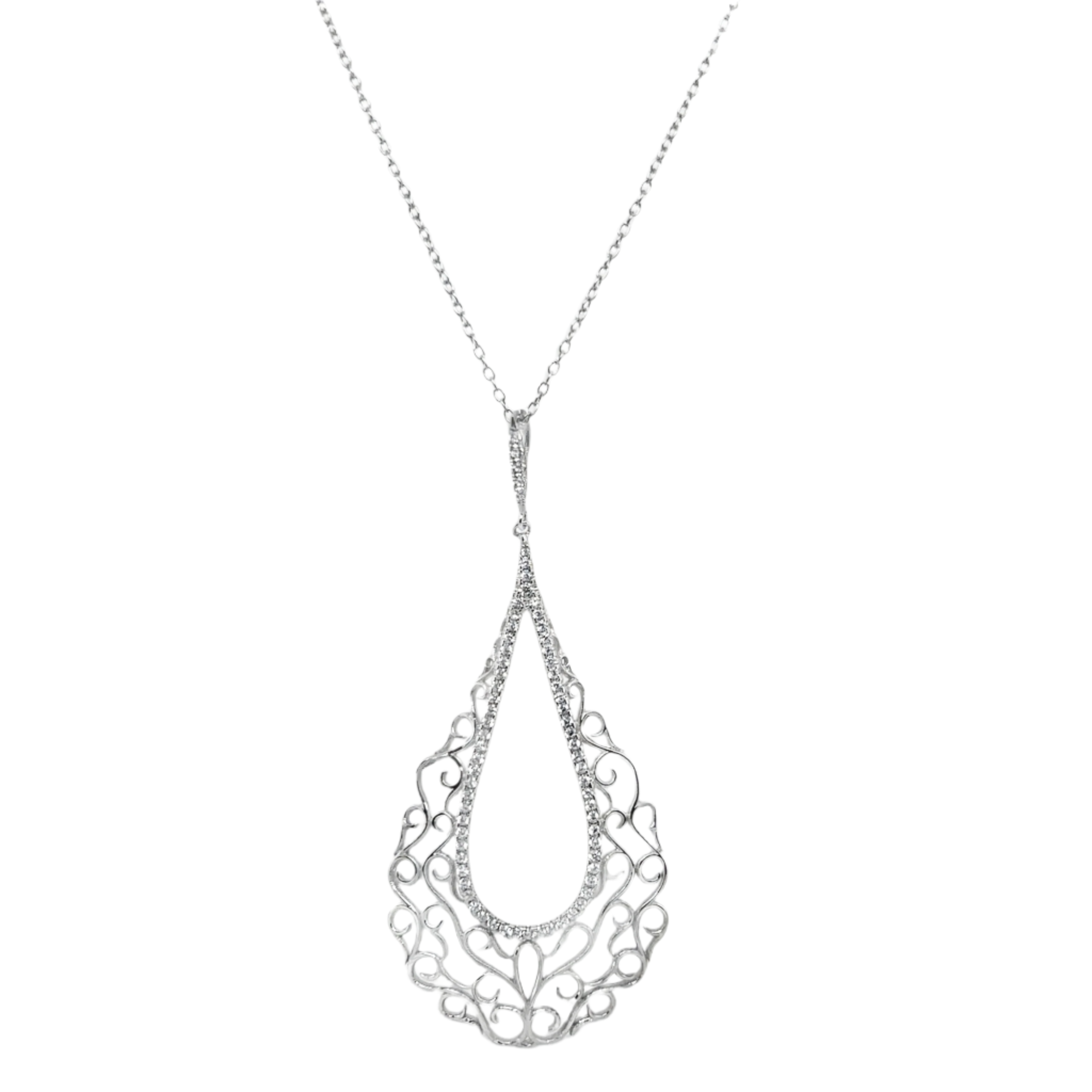 Sterling Silver Large CZ Decorative Teardrop Necklace
