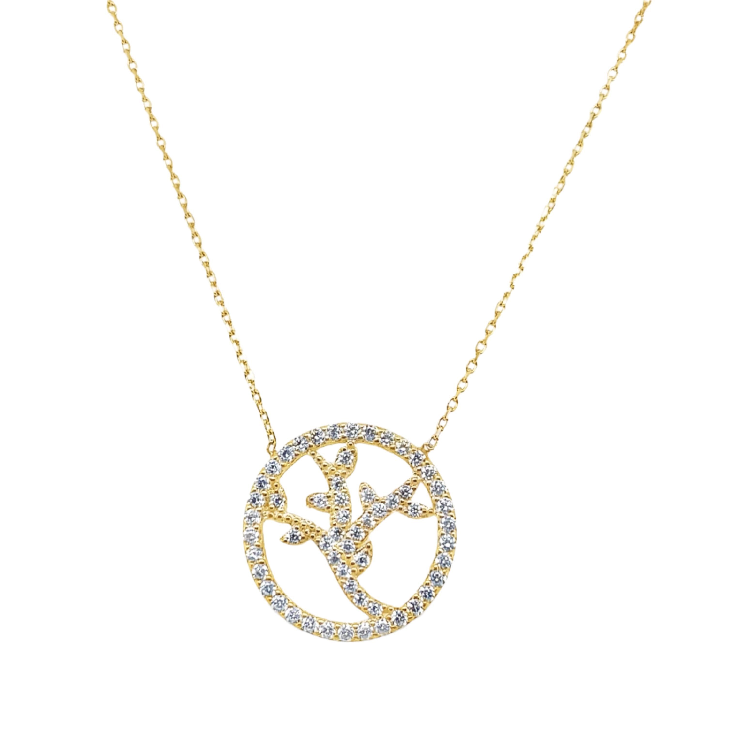 Sterling Silver Gold Plated Round CZ Tree Necklace