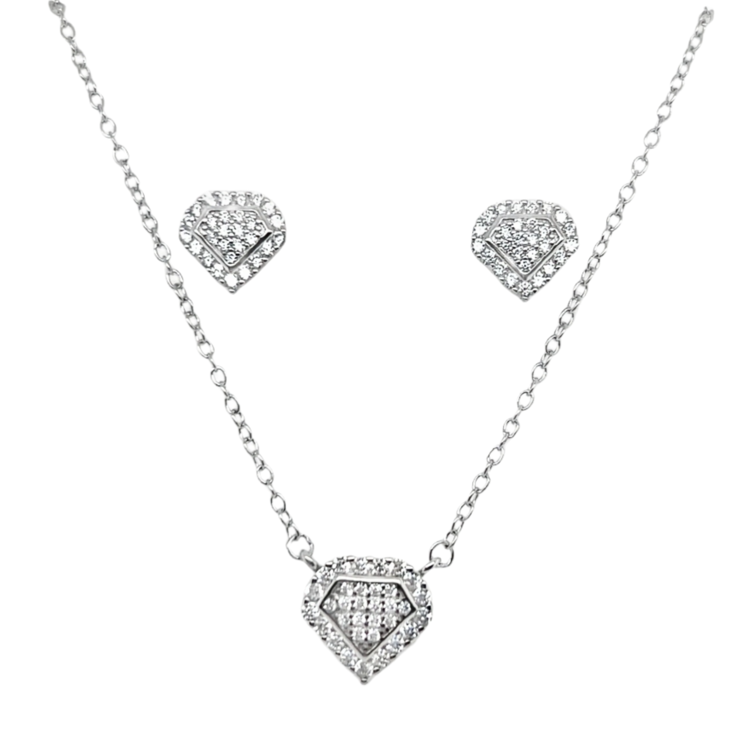 Sterling Silver CZ Diamond Shape Necklace & Earrings Set