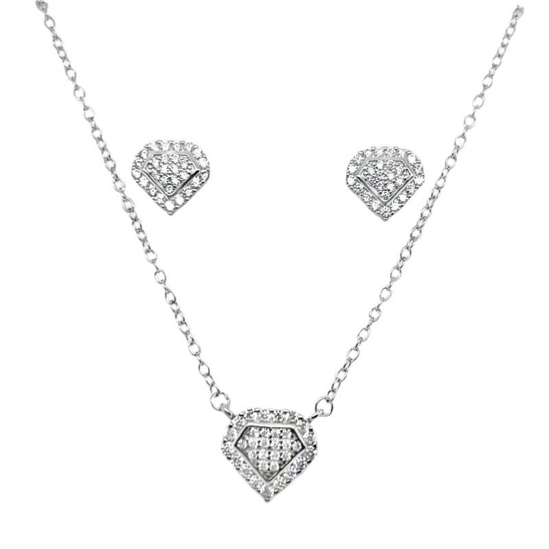 Sterling Silver CZ Diamond Shape Necklace & Earrings Set