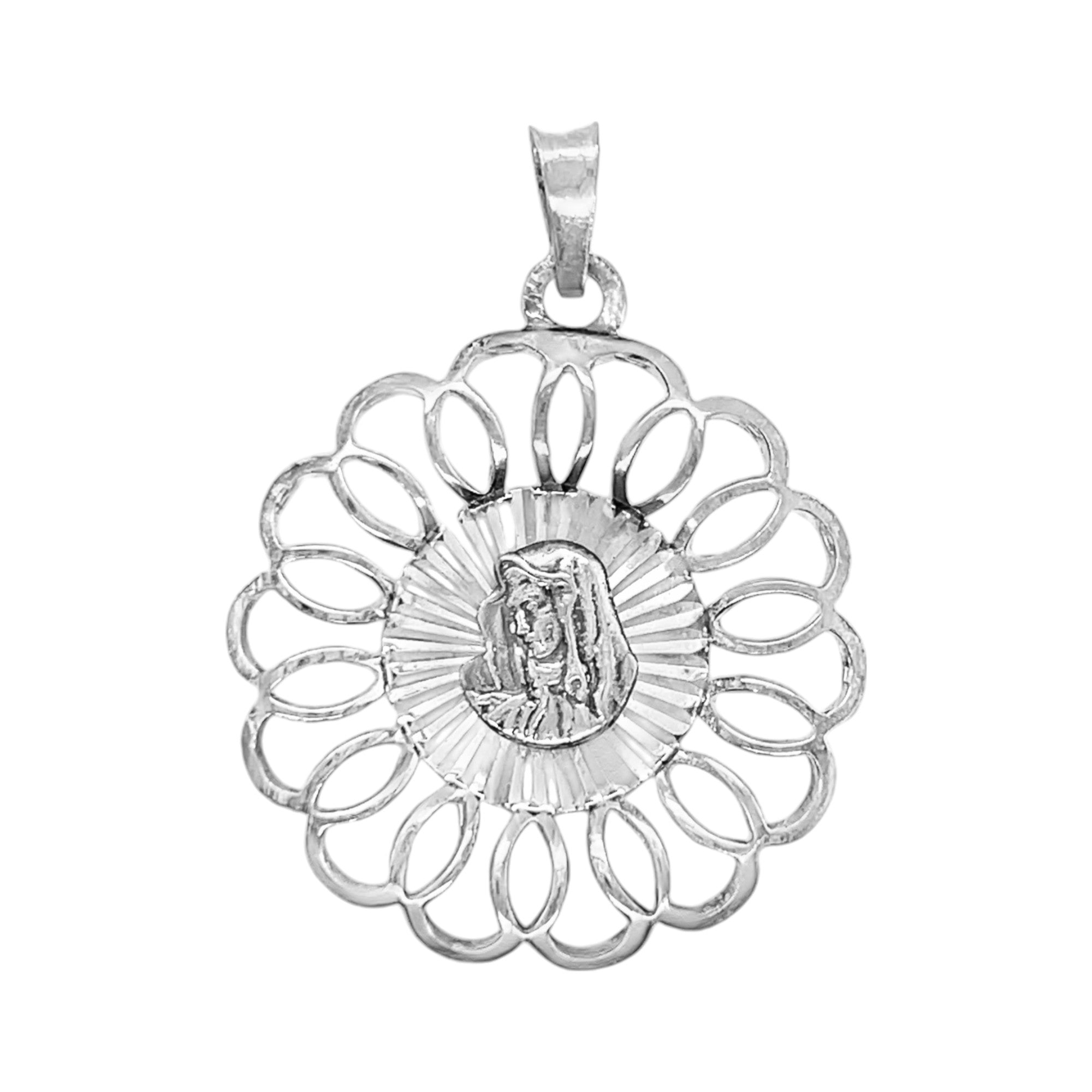 Sterling Silver Mother Mary Open Flower Design Pendant (large)