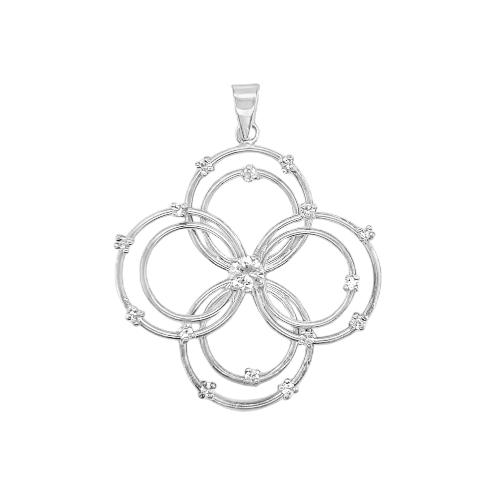 Sterling Silver Circular Floral Design CZ Pendant