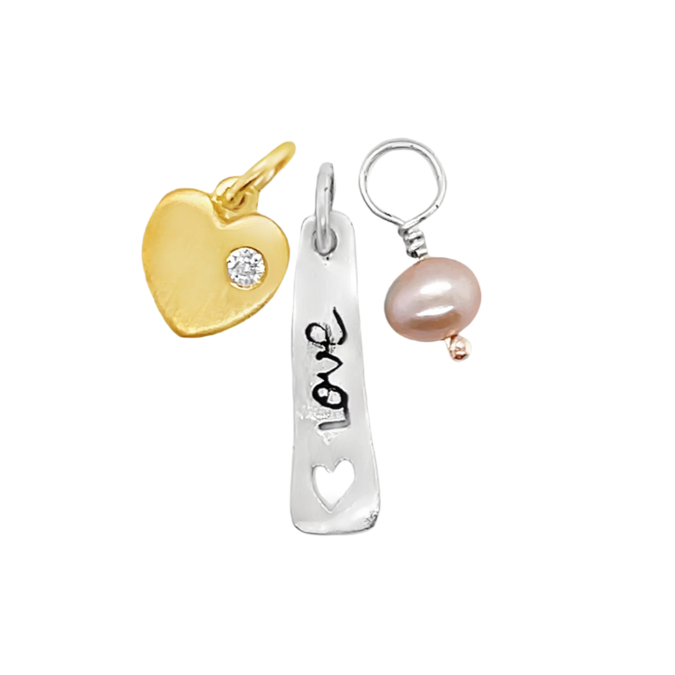 Sterling Silver Love, Heart, & Pearl 3 Piece Pendant Set ( Chain Not Included )