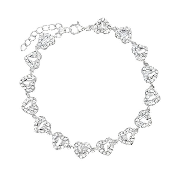 925 Sterling Silver CZ Baguette Hearts Bracelets 7" Inches Adjustable
