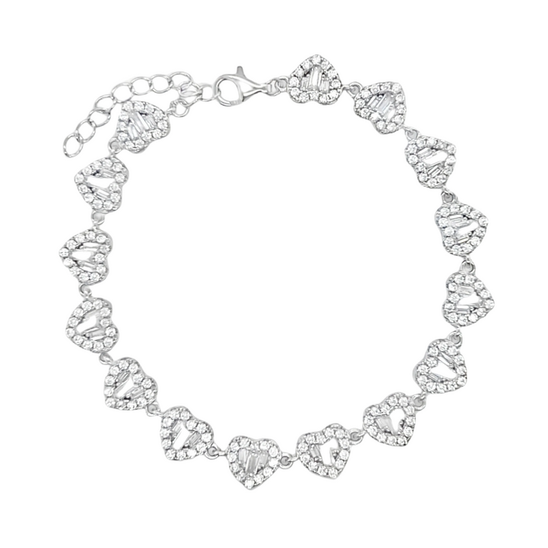 925 Sterling Silver CZ Baguette Hearts Bracelets 7" Inches Adjustable