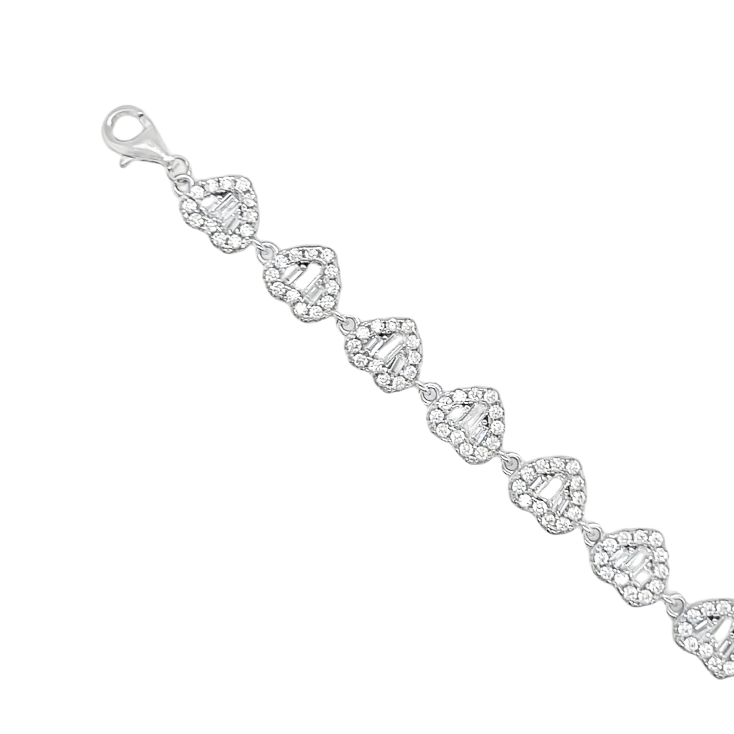 925 Sterling Silver CZ Baguette Hearts Bracelets 7" Inches Adjustable