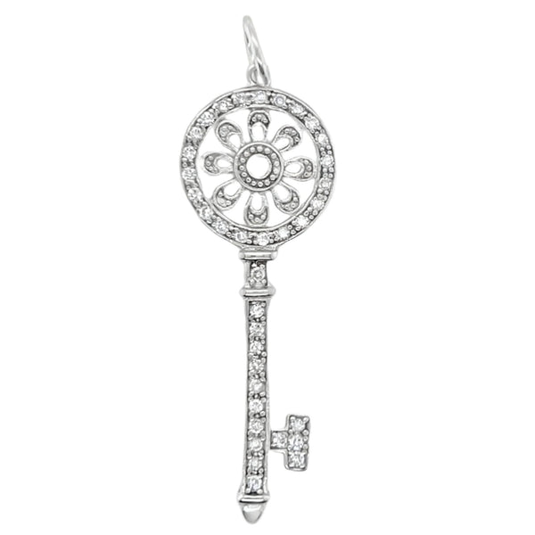 Sterling Silver Decorative Flower CZ Key Pendant