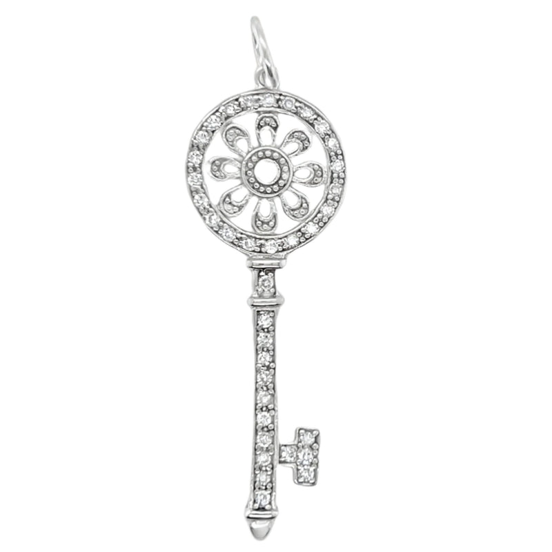Sterling Silver Decorative Flower CZ Key Pendant