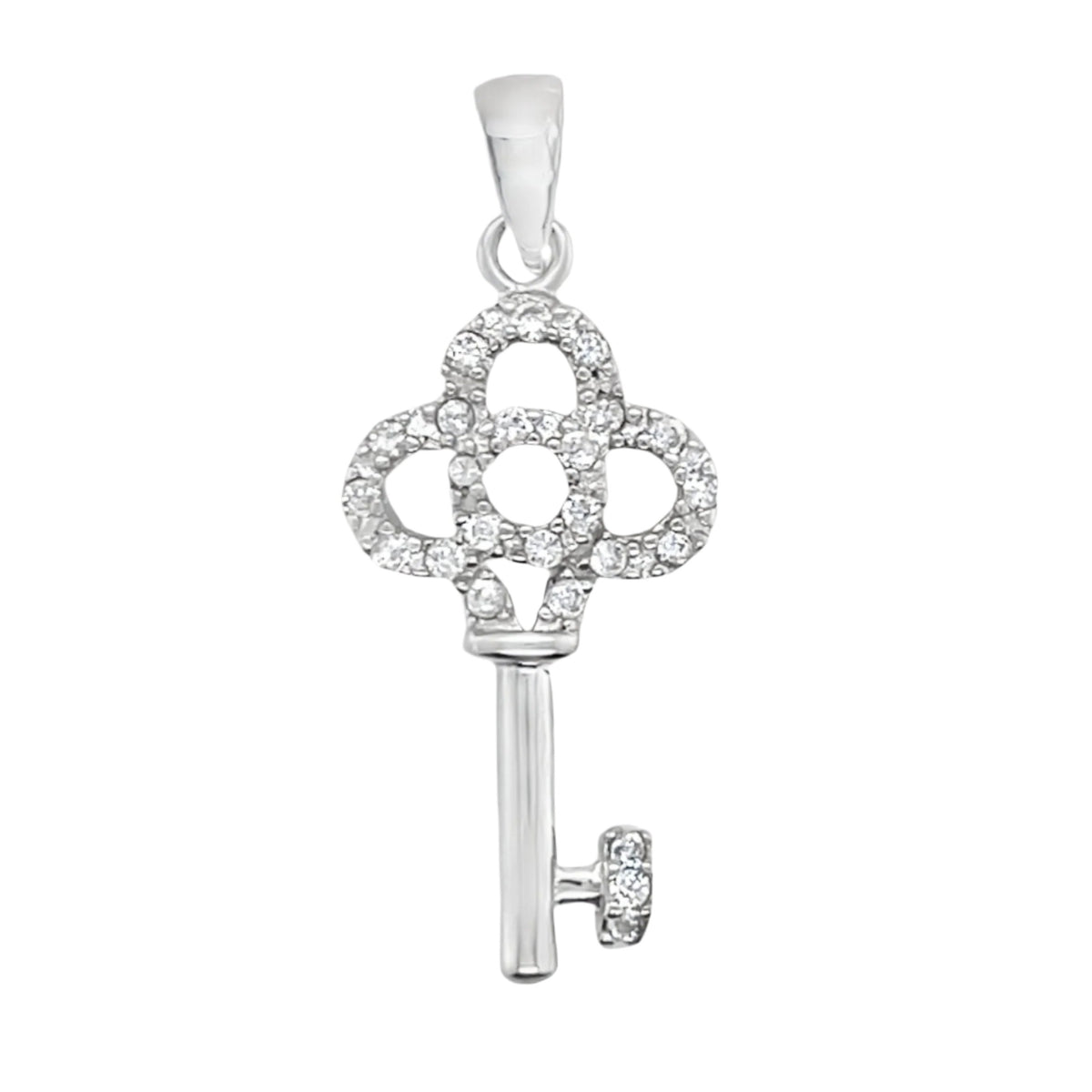 Sterling Silver Floral Design CZ Key Pendant
