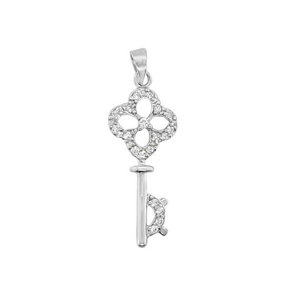 Sterling Silver Clover CZ Key Pendant