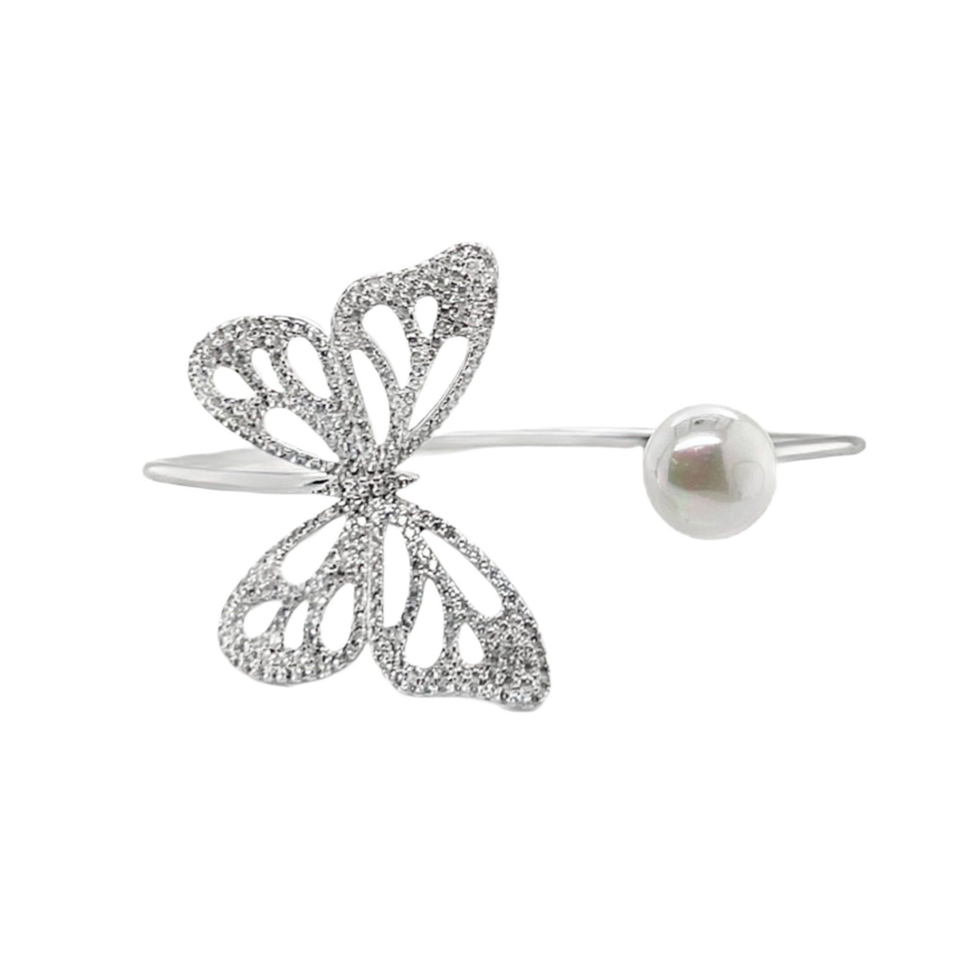 Sterling Silver CZ Butterfly & Pearl Cuff Bangle