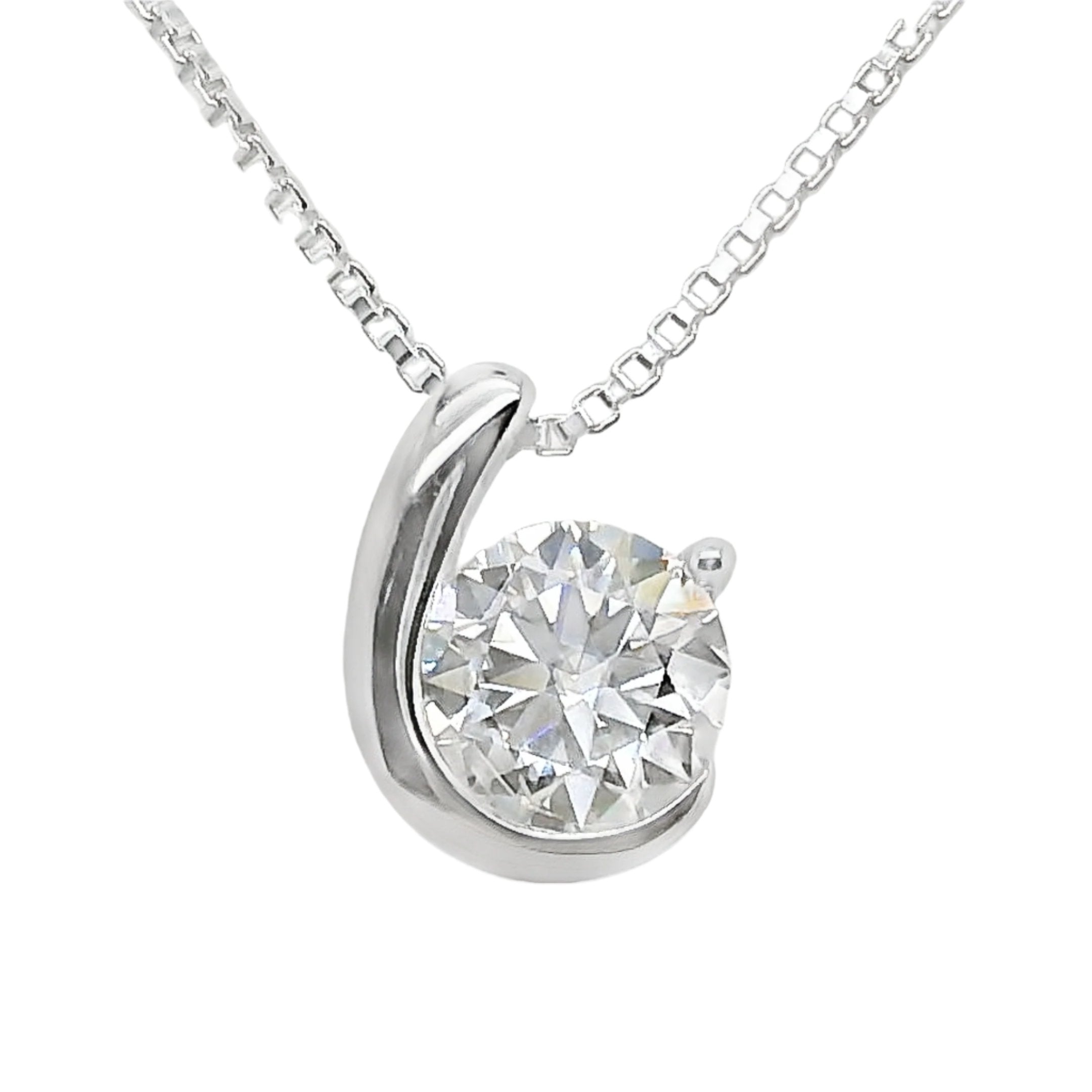 Sterling Silver Round Moissanite Curved Pendant ( Chain Not Included )