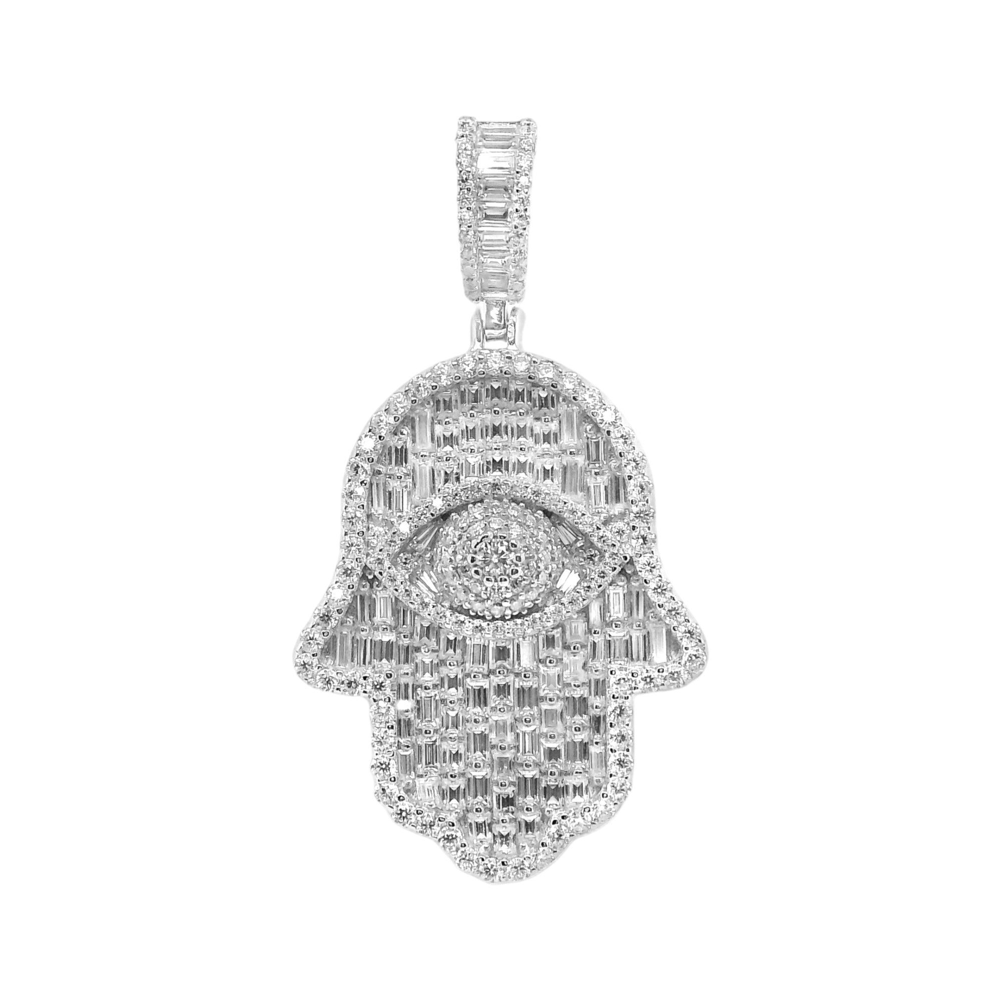 Sterling Silver Moissanite Hamsa Hand Evil Eye Pendant