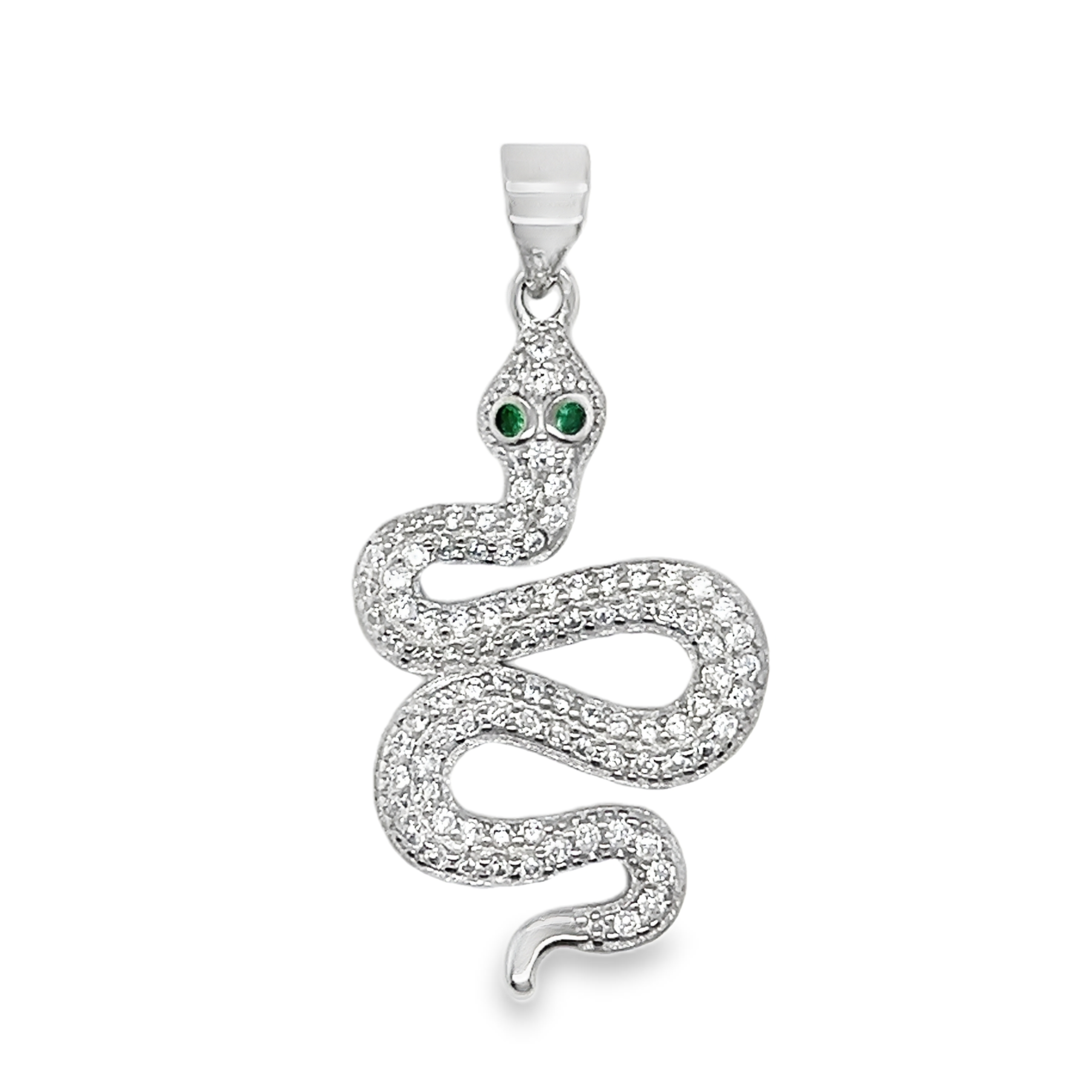 Sterling Silver CZ Green Eyed Snake Pendant