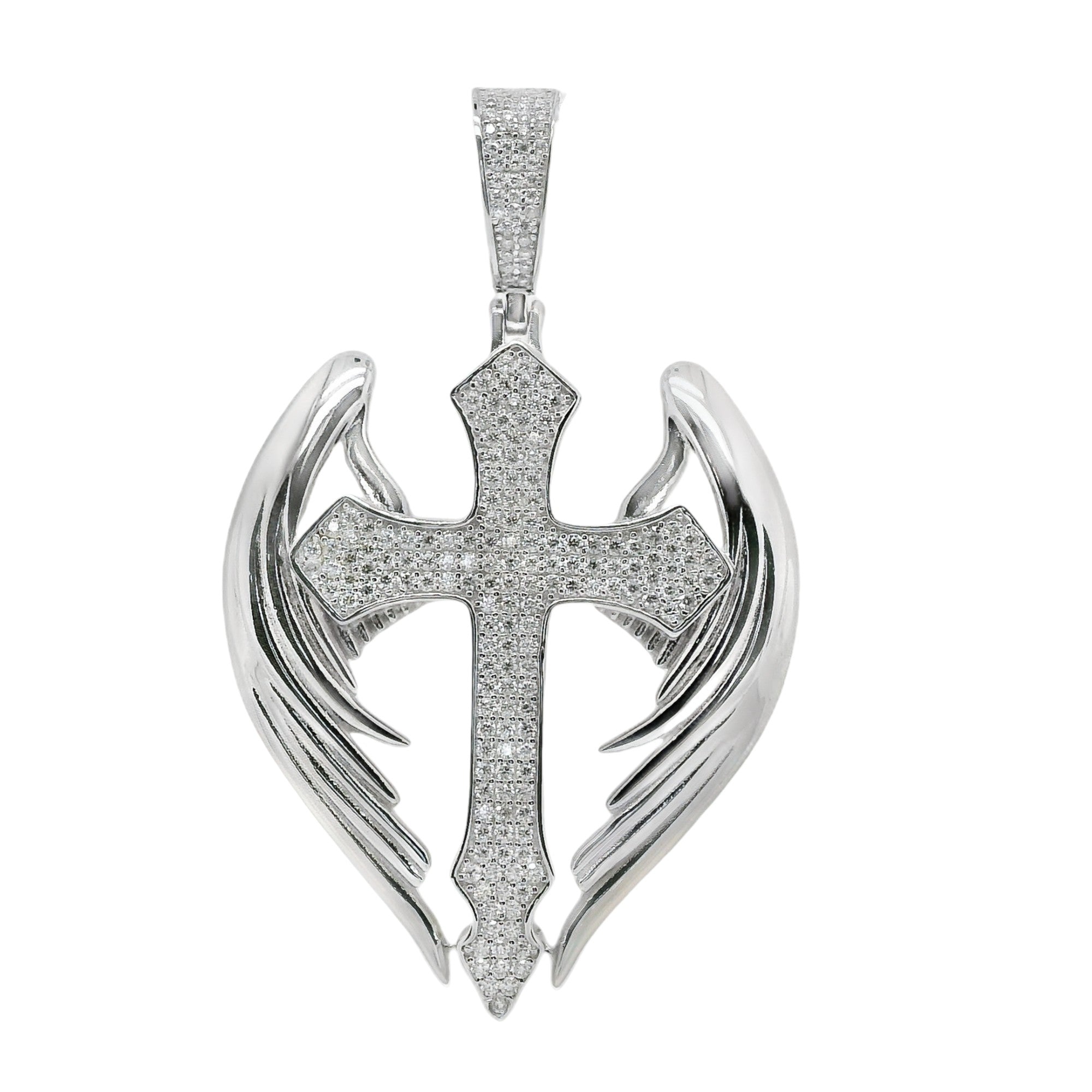 Sterling Silver Moissanite Cross Angel Wings Pendant