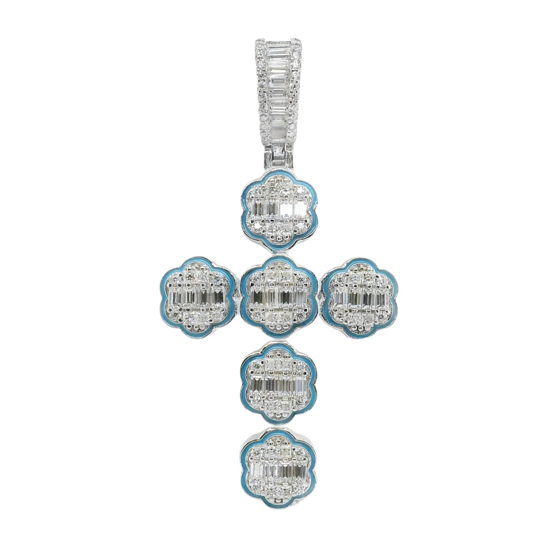 Sterling Silver Moissanite Blue Enamel Border Cross Pendant