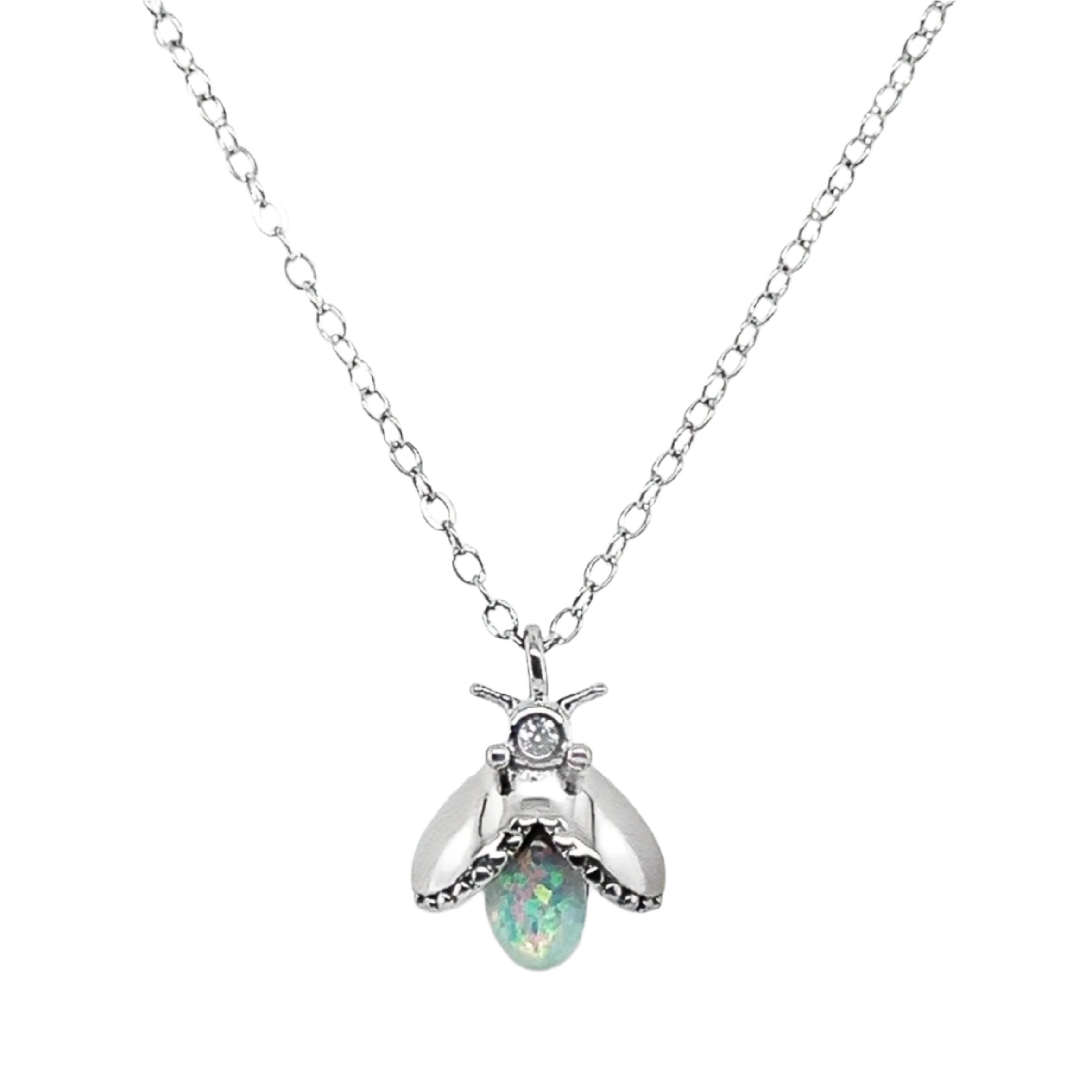 Sterling Silver CZ White Opal Insect Fly Necklace