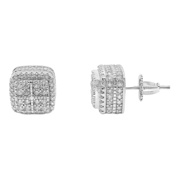 Sterling Silver Moissanite Pave Square Thick Screwback Earrings (9.5mm)