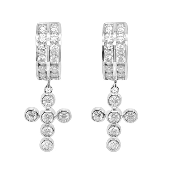 Sterling Silver Moissanite Dangling Bubble Cross Huggie Earrings