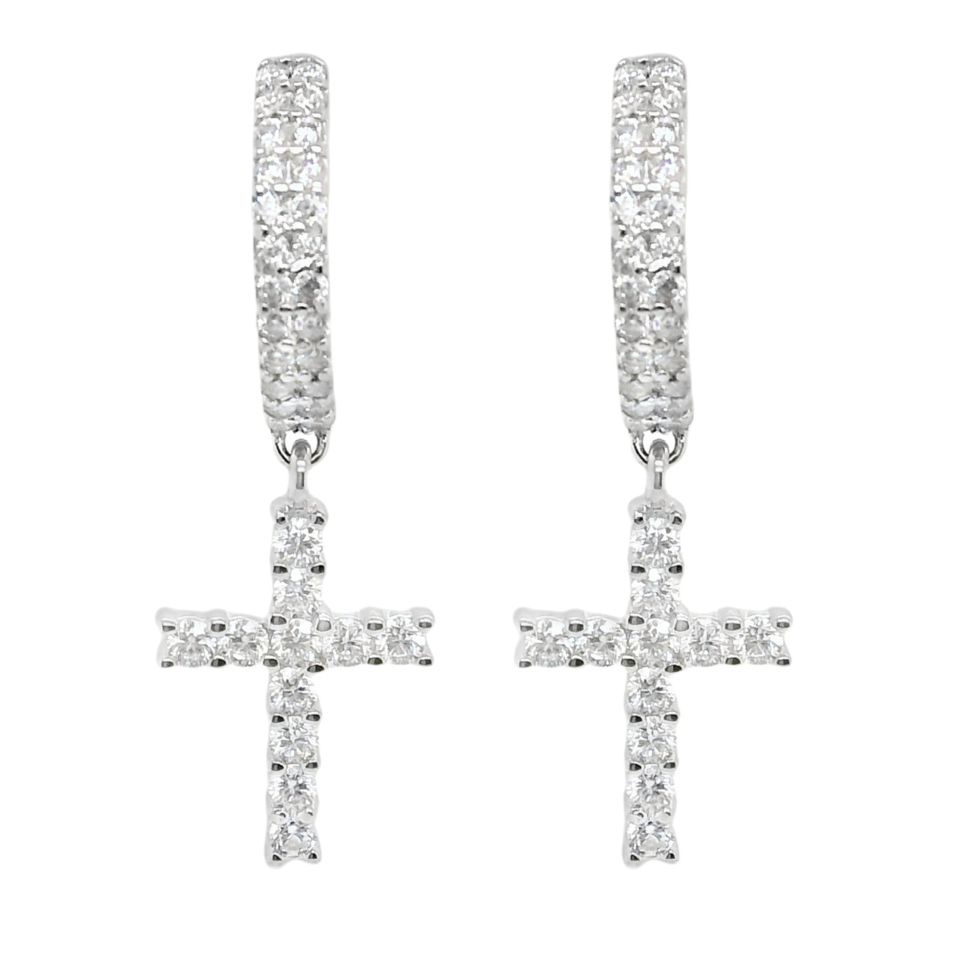 Sterling Silver Moissanite Pave Cross Huggie Earrings