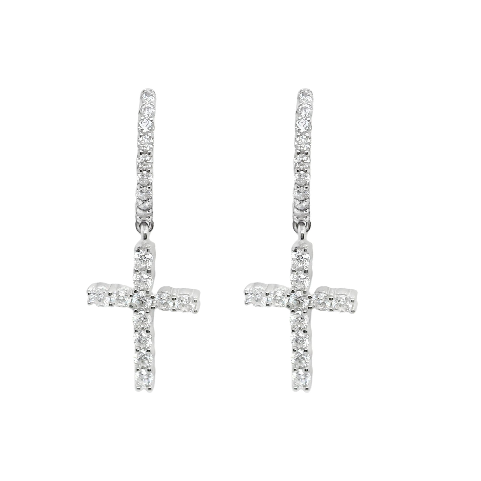 Sterling Silver Moissanite Pave Cross Huggie Earrings