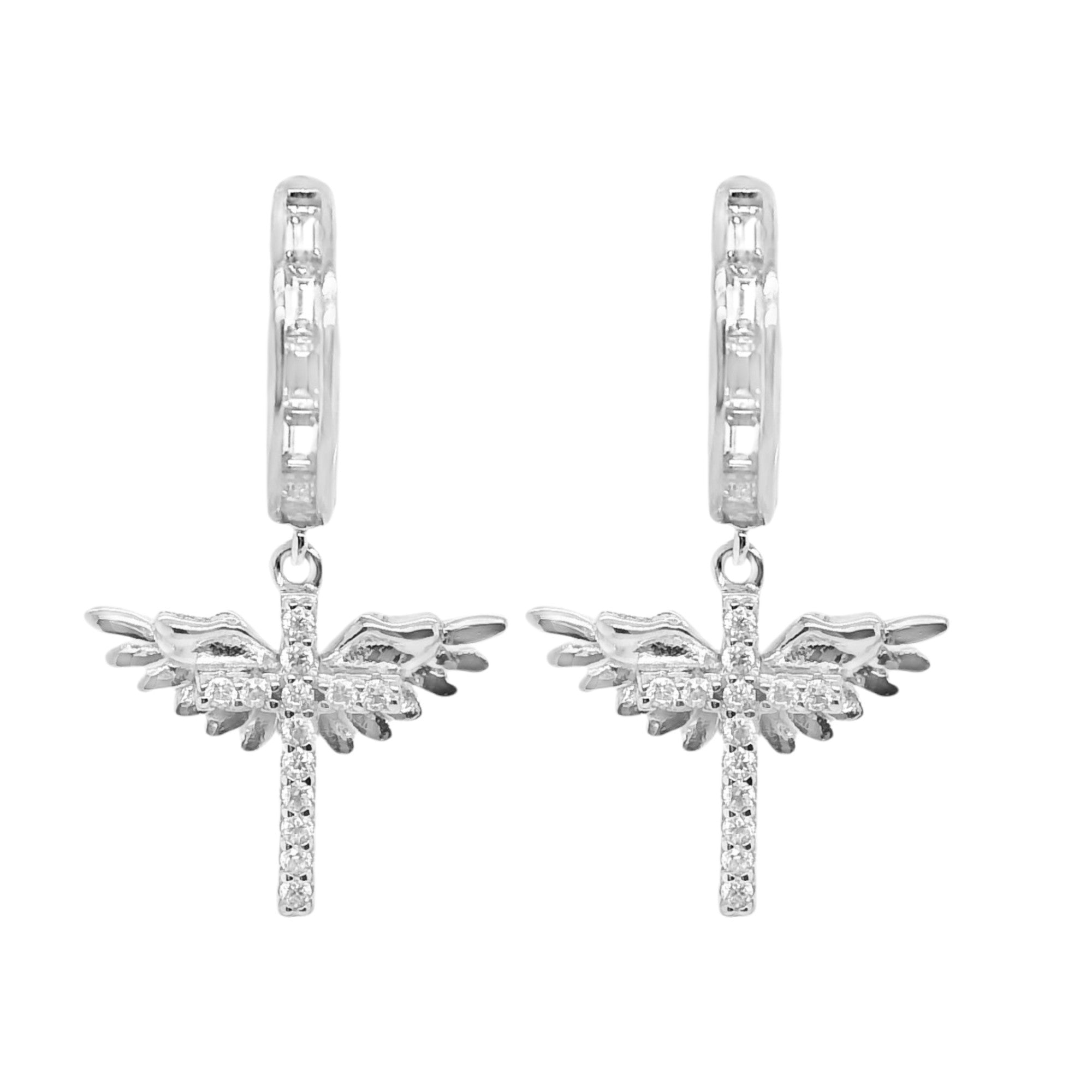 Sterling Silver Moissanite Cross W/ Angel Wings Huggie Earrings