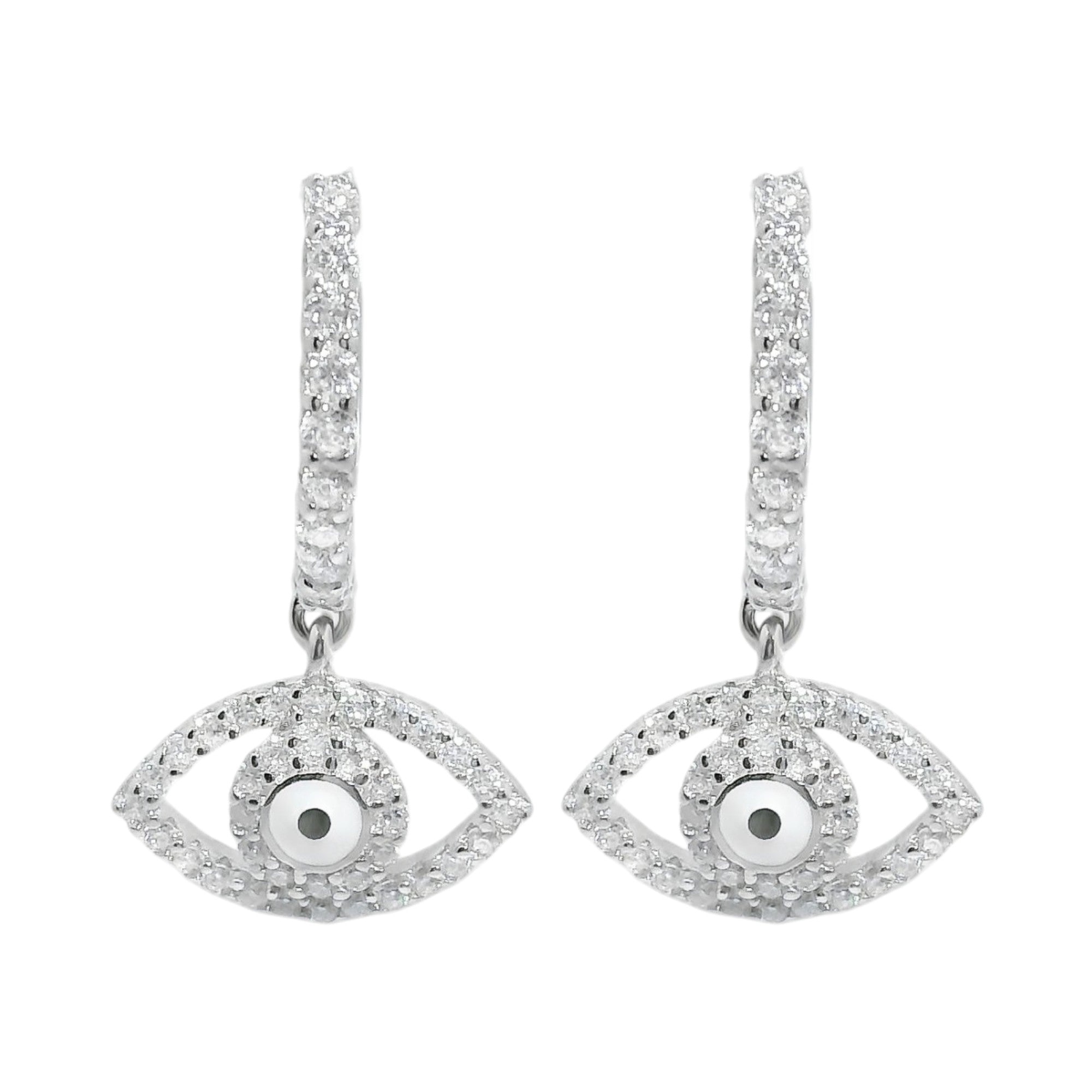 Sterling Silver Moissanite White/Black Enamel Evil Eye Huggie Earrings