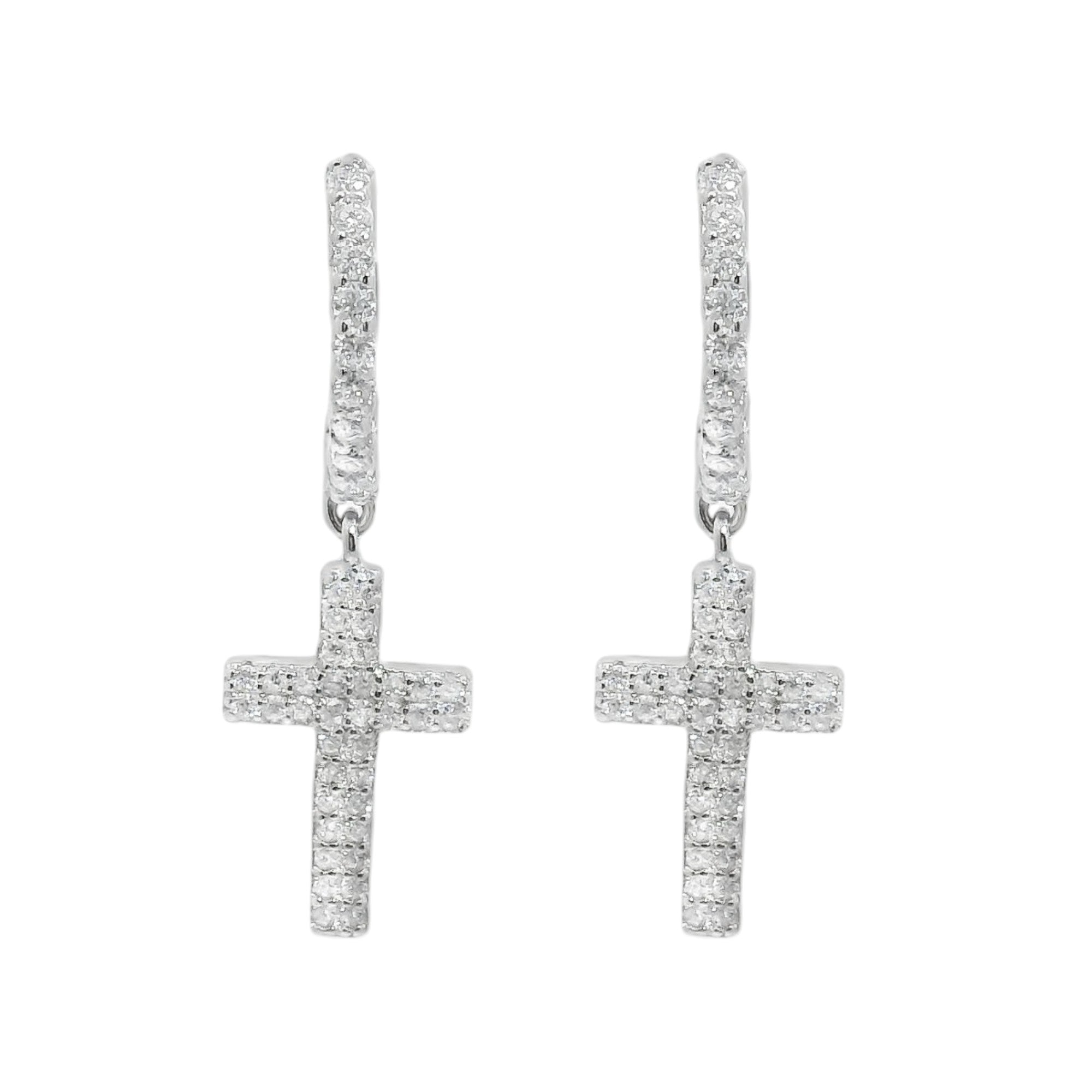 Sterling Silver Moissanite Pave Cross Huggie Earrings