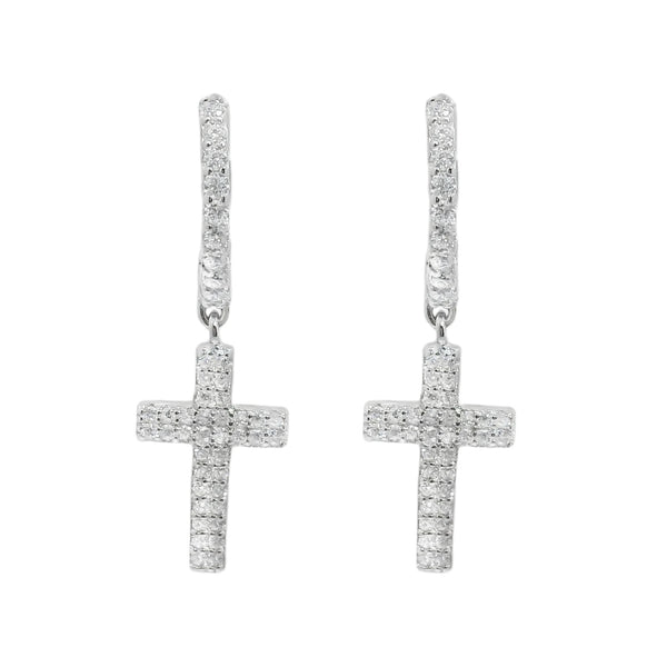 Sterling Silver Moissanite Pave Cross Huggie Earrings
