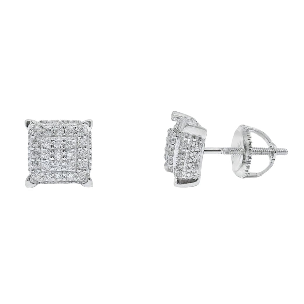 Sterling Silver Moissanite Pave Square Screwback Earrings (7mm)