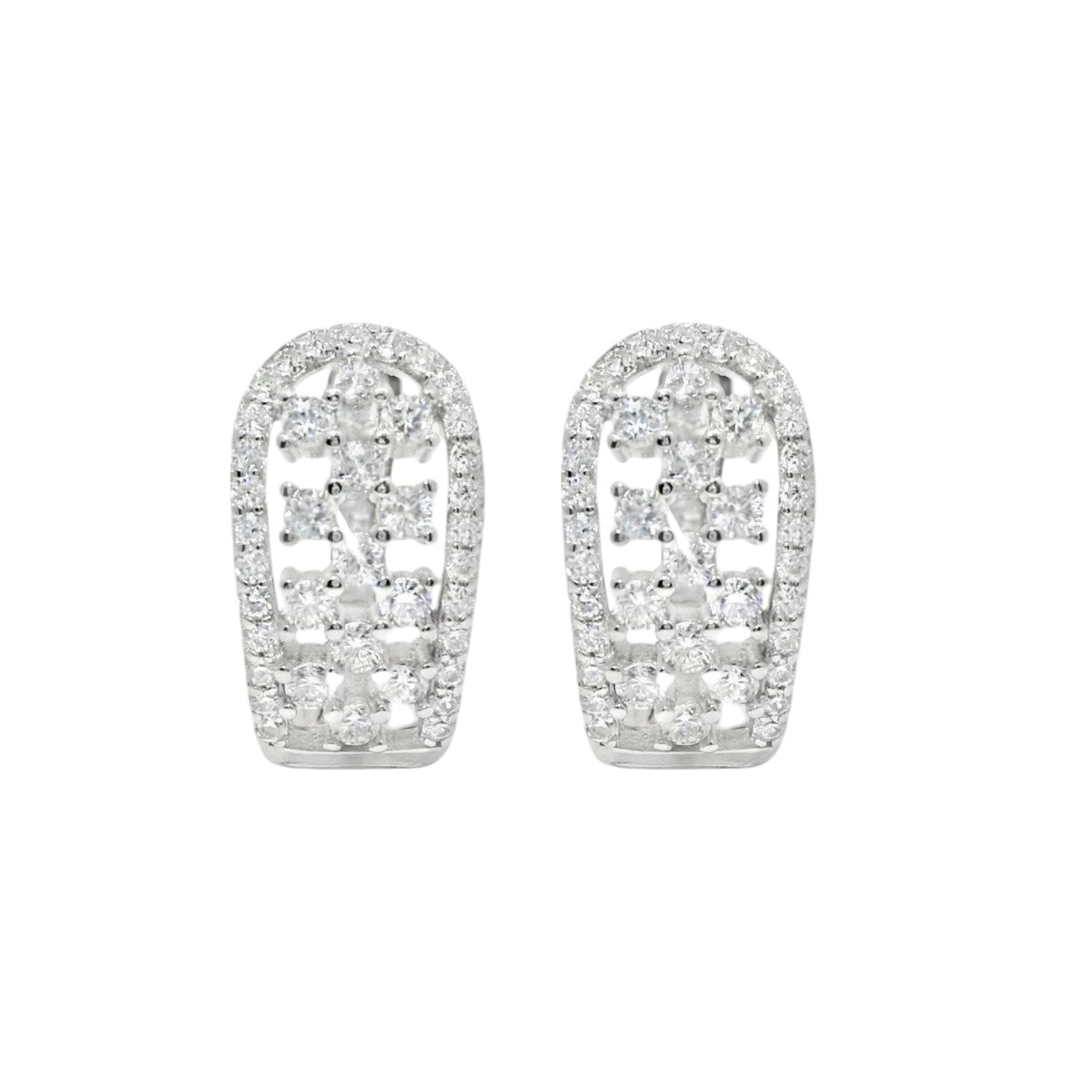 Sterling Silver Cut-Out CZ Checkered Huggie Earrings