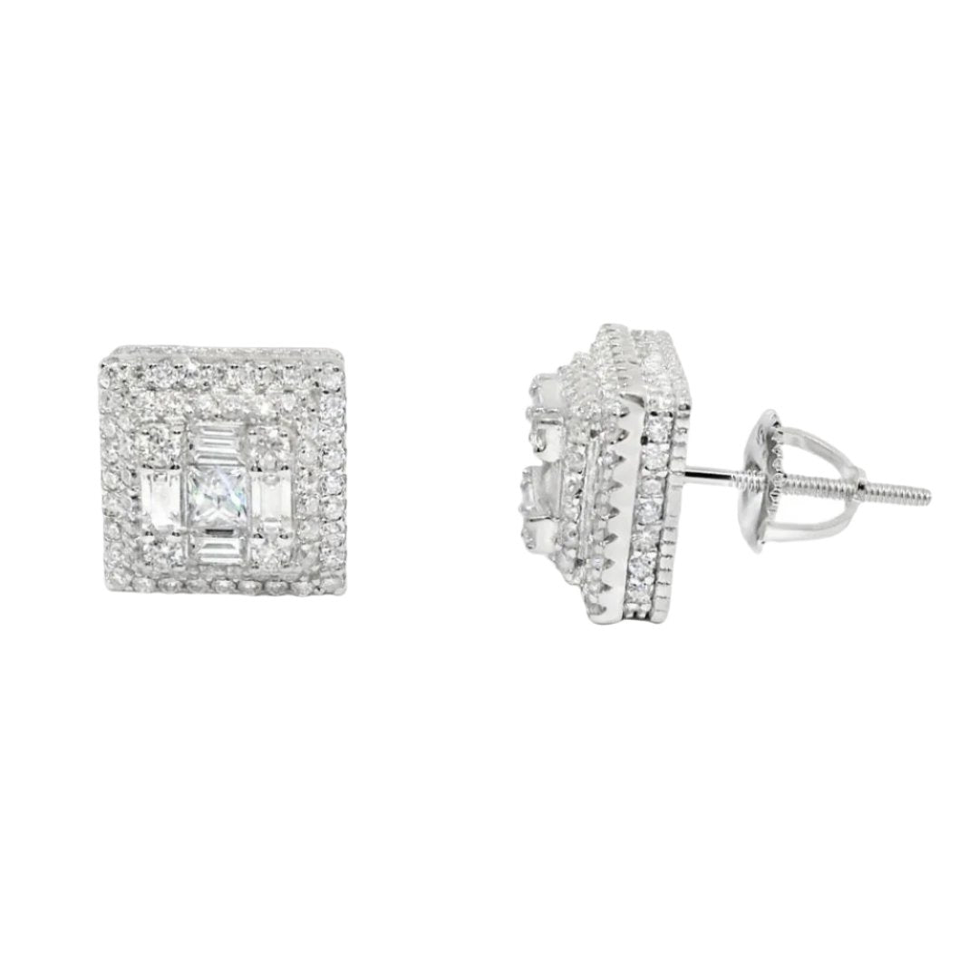 Sterling Silver Moissanite Pave Square Screwback Earrings (10mm)