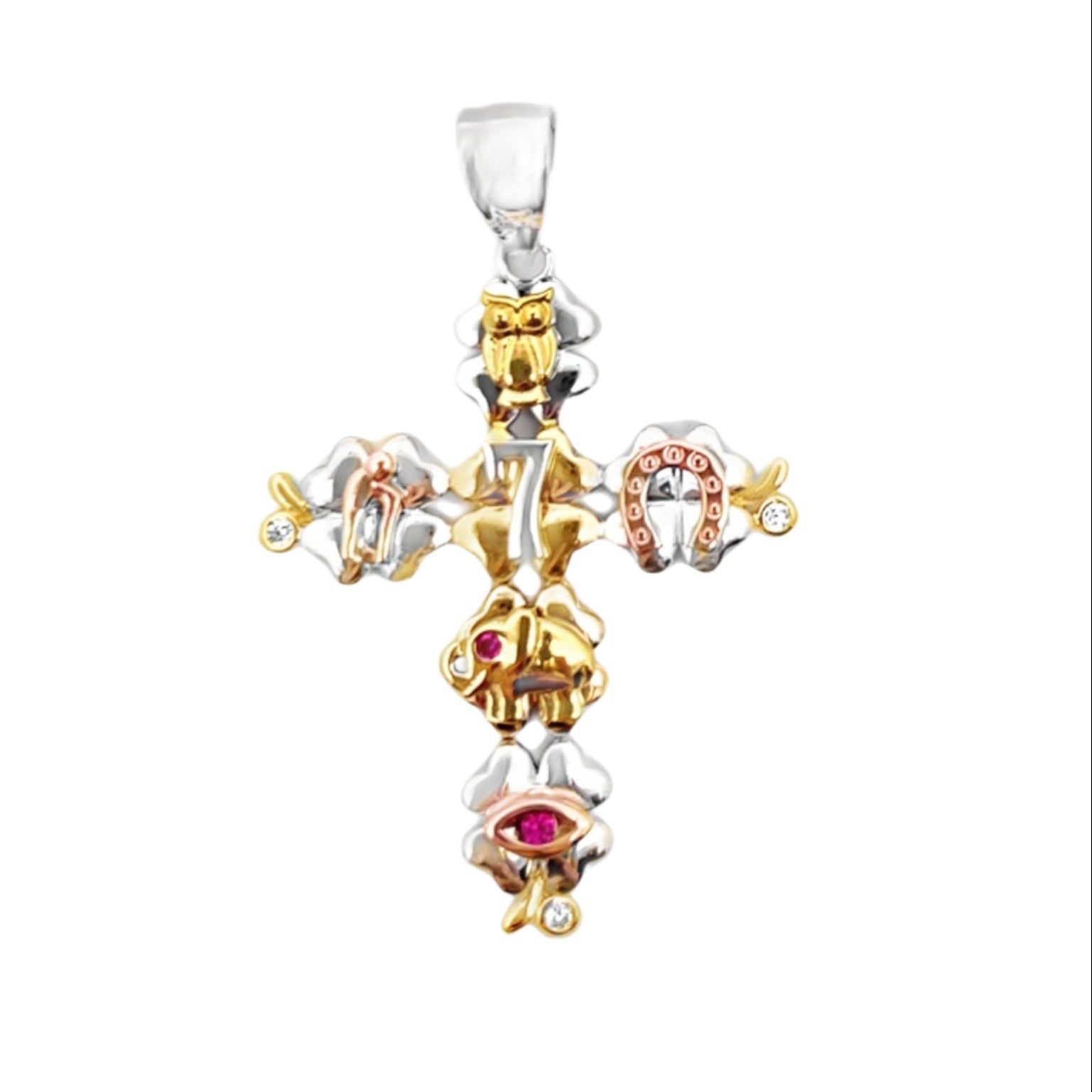 925 Sterling Silver Tri-tone Cross With Luck Charms