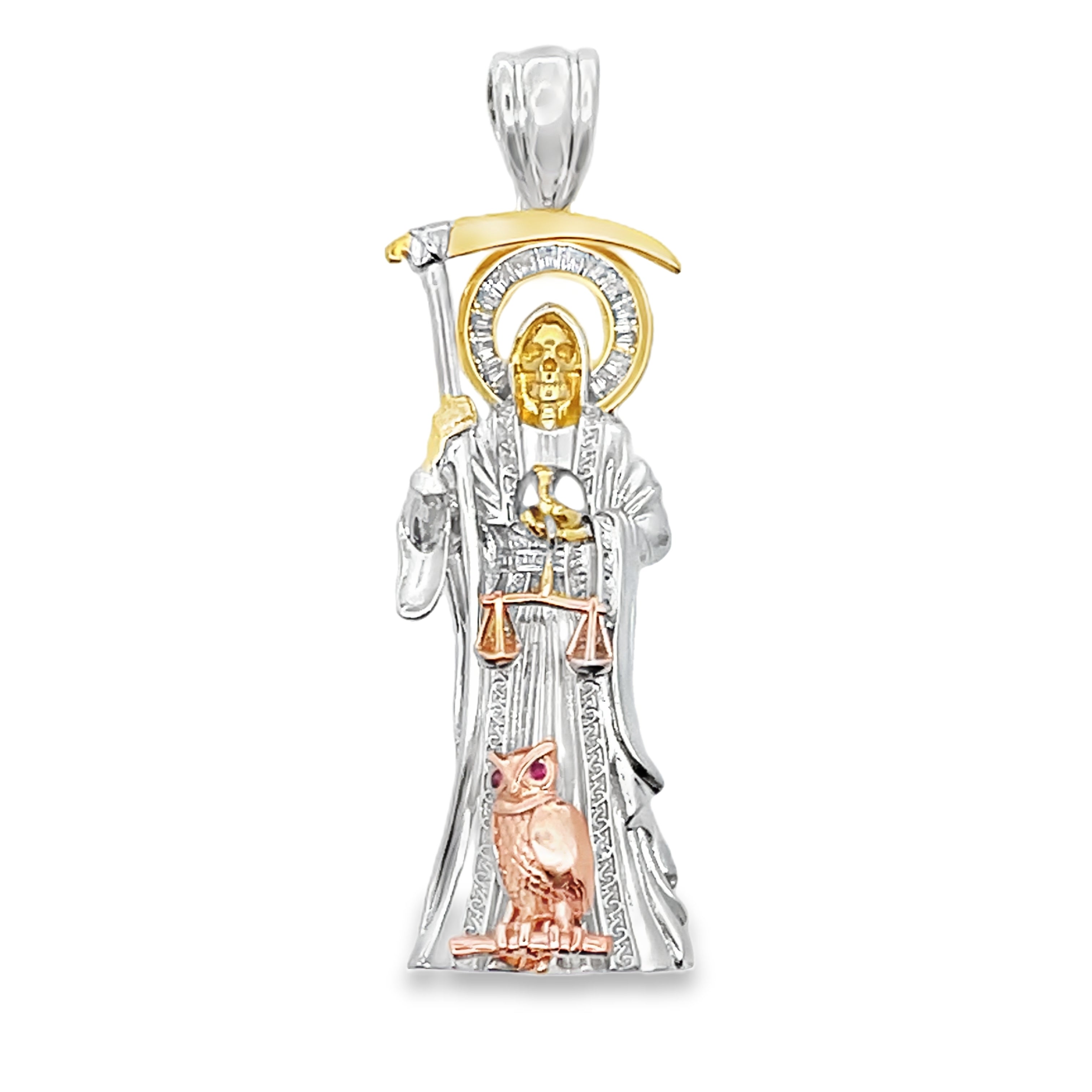 A silver-colored pendant featuring a religious figure with a scythe and a crown, holding a small cat, against a white background.