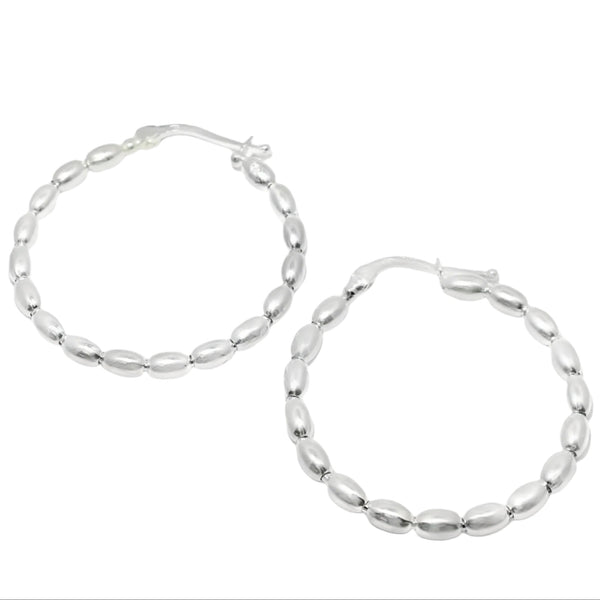 Sterling Silver 3mm Rice Bead 32mm Hoop Earrings
