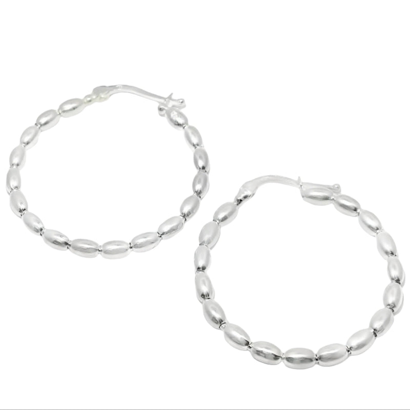 Sterling Silver 3mm Rice Bead 32mm Hoop Earrings