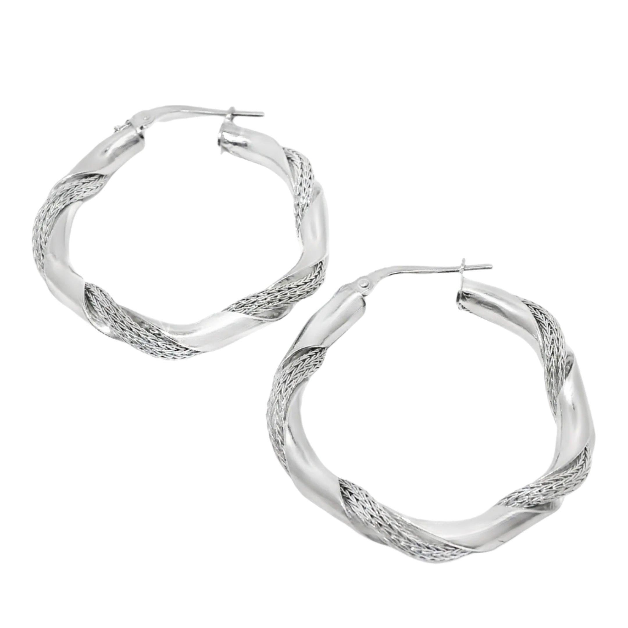 Sterling Silver Rhodium Plated Textured Twisted Hoop Earrings