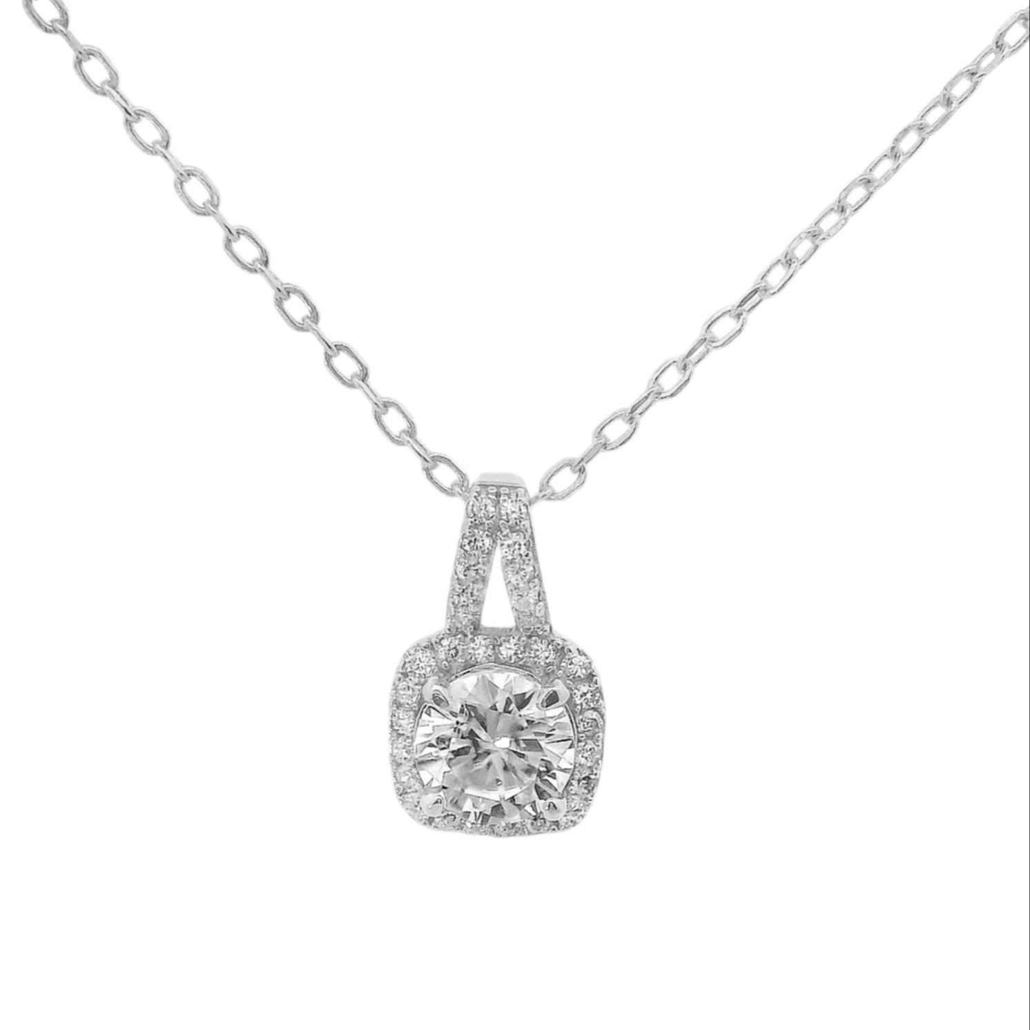 Sterling Silver Round 6MM 0.8CT Moissanite W/ Square Halo Necklace
