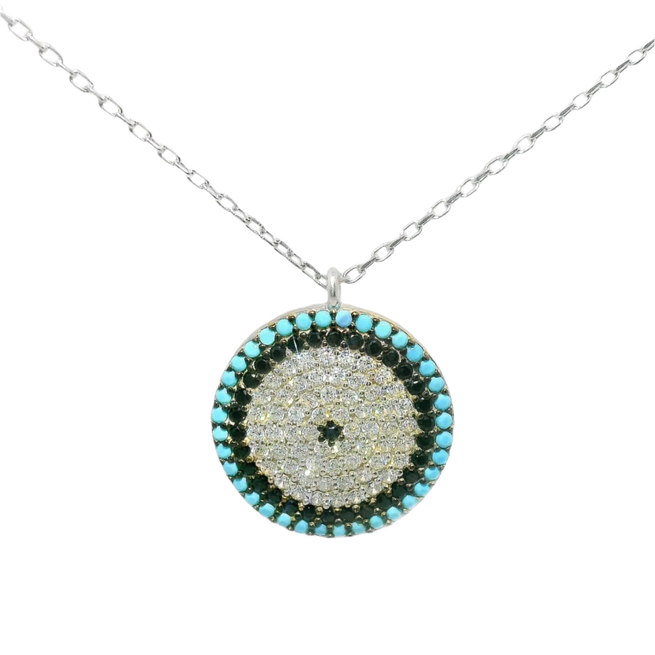 Sterling Silver Round Black, Turquoise, Clear CZ Evil Eye Necklace