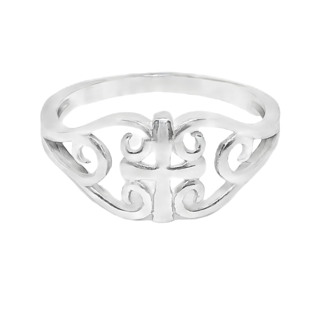 Sterling Silver Double Heart W/ Center Cross Ring