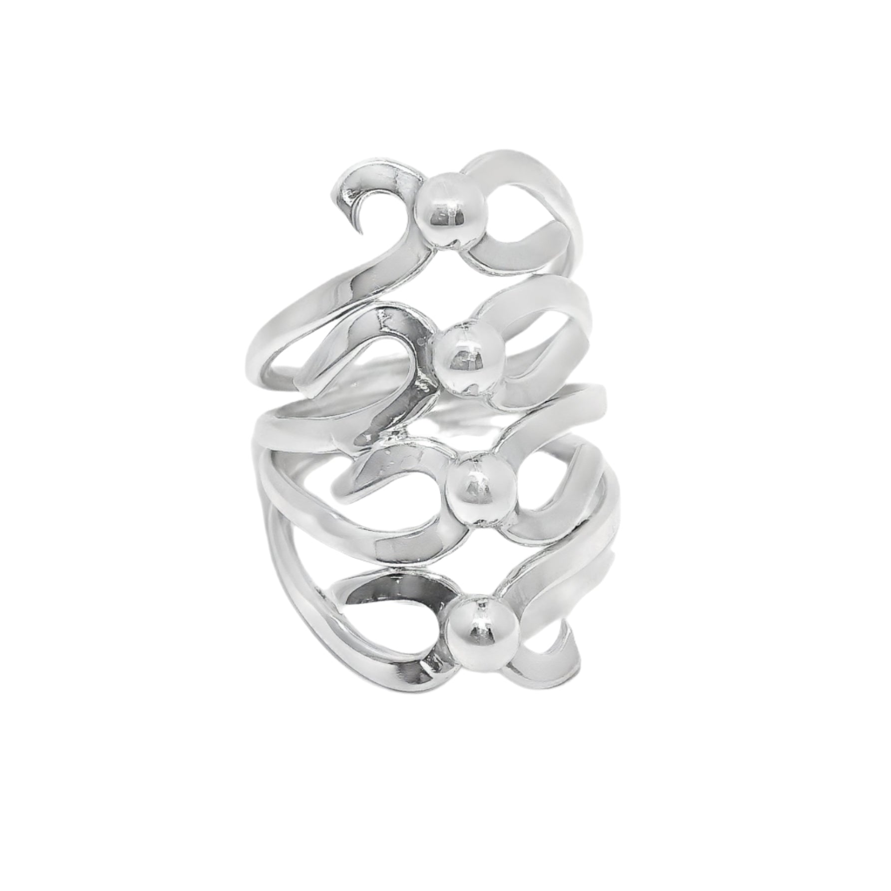 Sterling Silver Large 4 Bead Curved Design Ring
